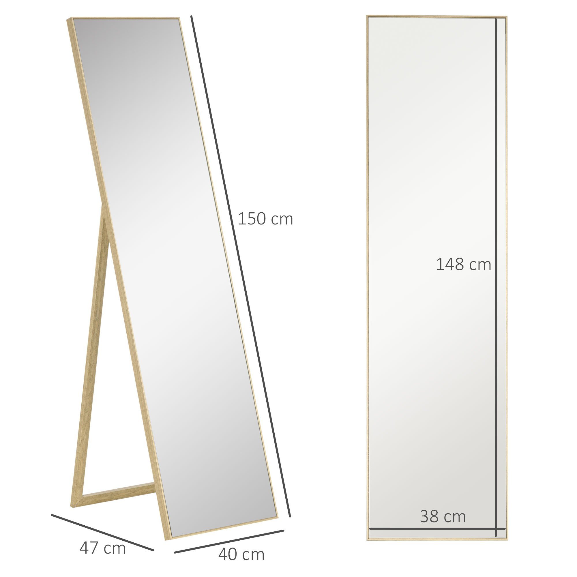 HOMCOM Standspiegel mit Ständer, freistehend, 40 x 150 cm, Natur (Set, 1-St., 1 Ankleidespiegel), gerahmter Ganzkörperspiegel
