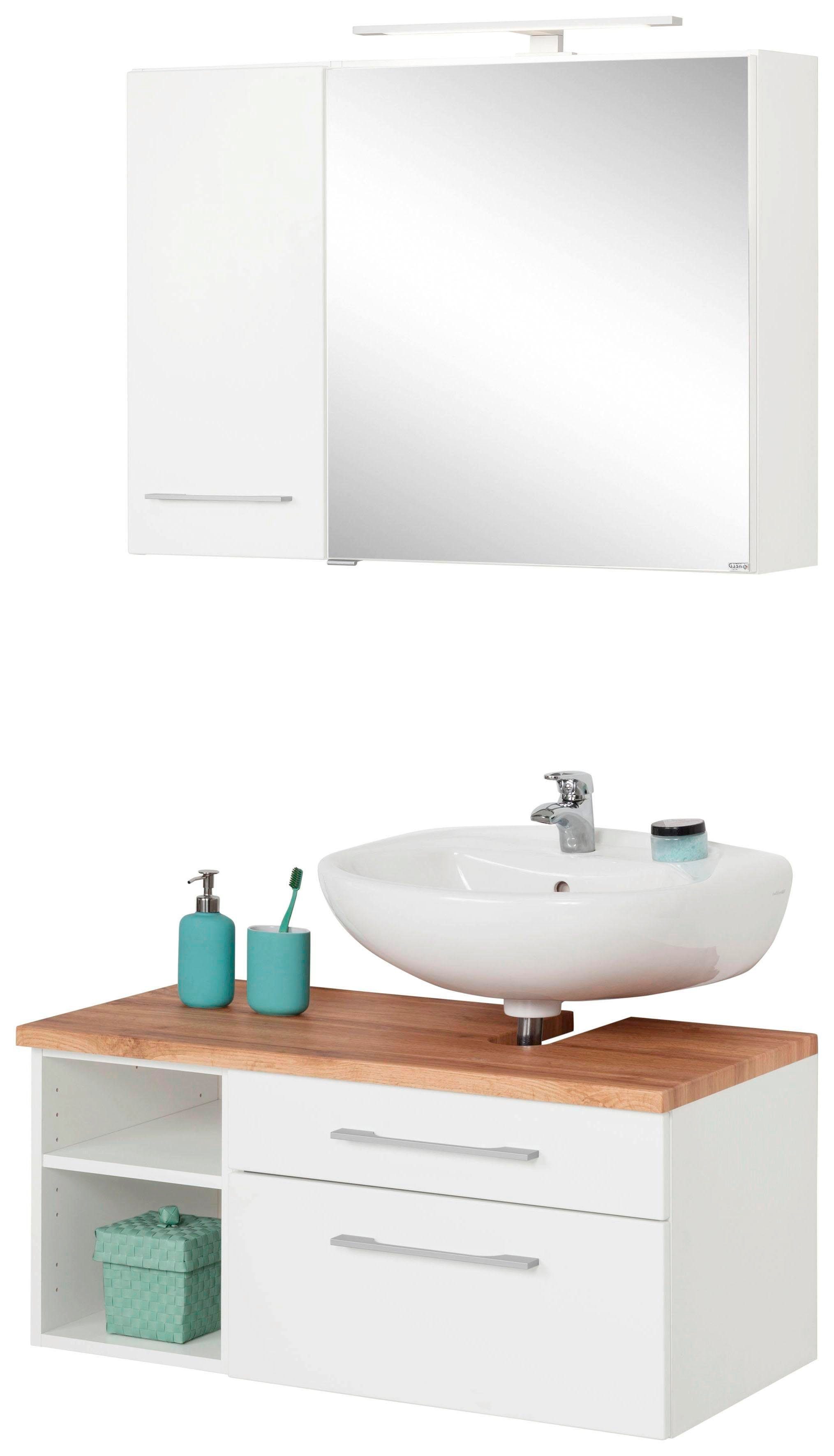 welltime Badmöbel-Set Davos, (3-St), mit LED-Beleuchtung, Hängeschrank und Waschbeckenunterschrank