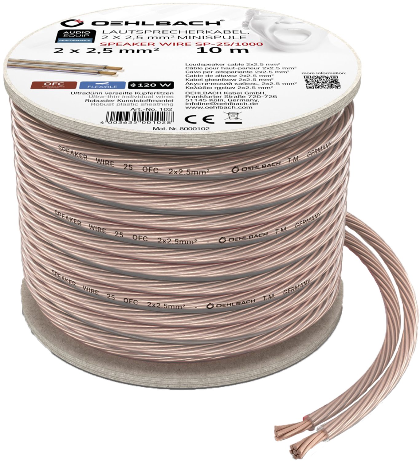 OEHLBACH Speaker Wire SP-25 Lautsprecherkabel 2 x 2,5 mm² Audio-Kabel, offnes Ende, offnes Ende (1000 cm), Flexibel, Hochwertiges Kupfer