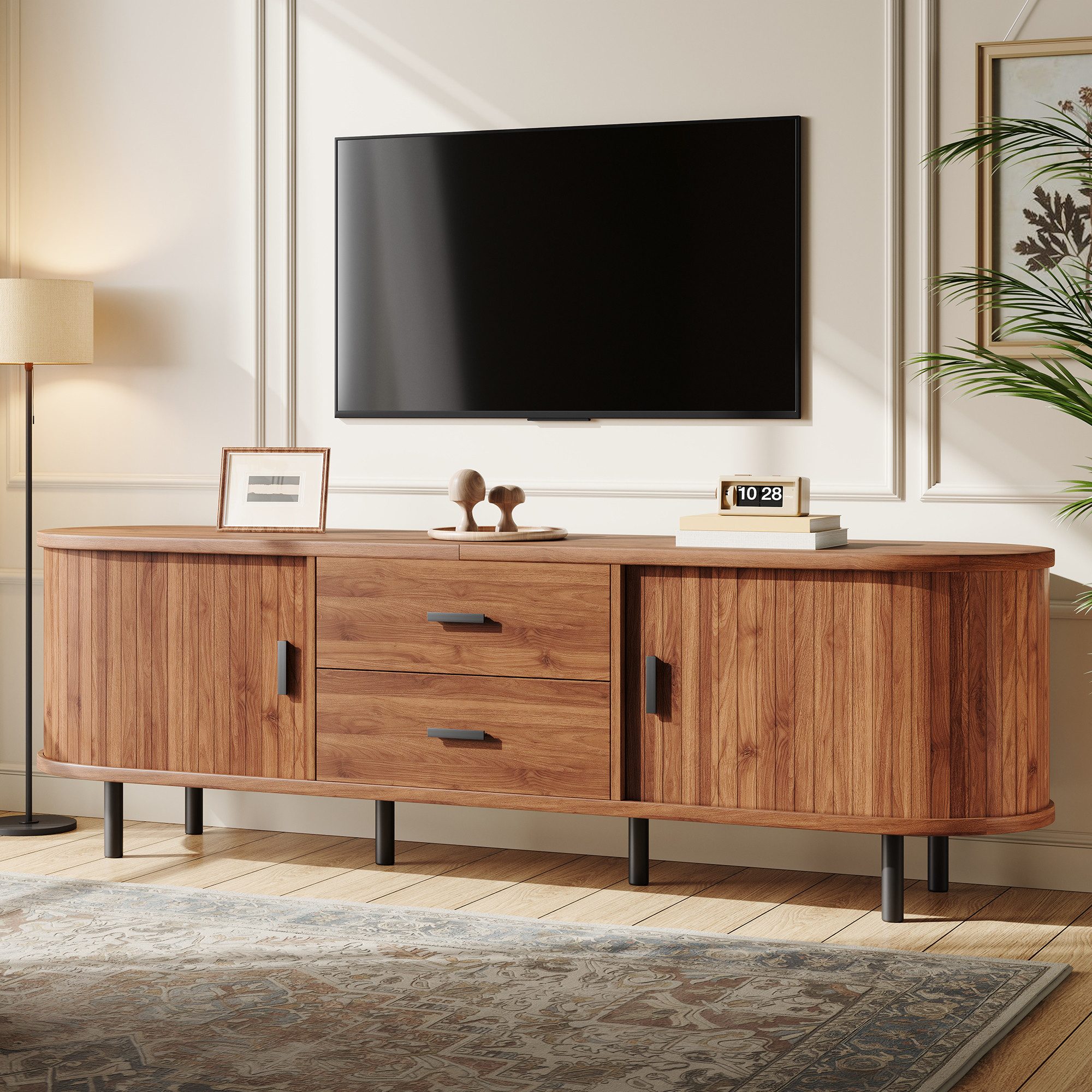 Merax Lowboard mit 2 Schiebetüren, 2 Schubladen & schwarzen Metallfüßen (1 St), TV-Schrank mit vertikaler Holzmaserung,abgerundeten Kanten,160x40x55cm