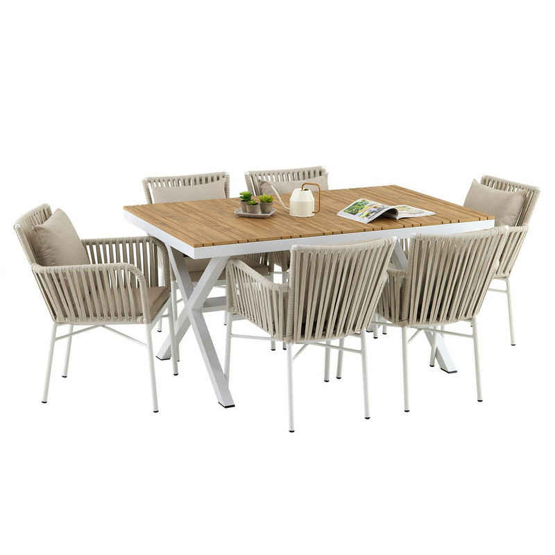 IDIMEX Gartenlounge-Set, Gartenmöbel Set Alu in weiß Gartentisch mit 6 Stühlen mit Rope in cham