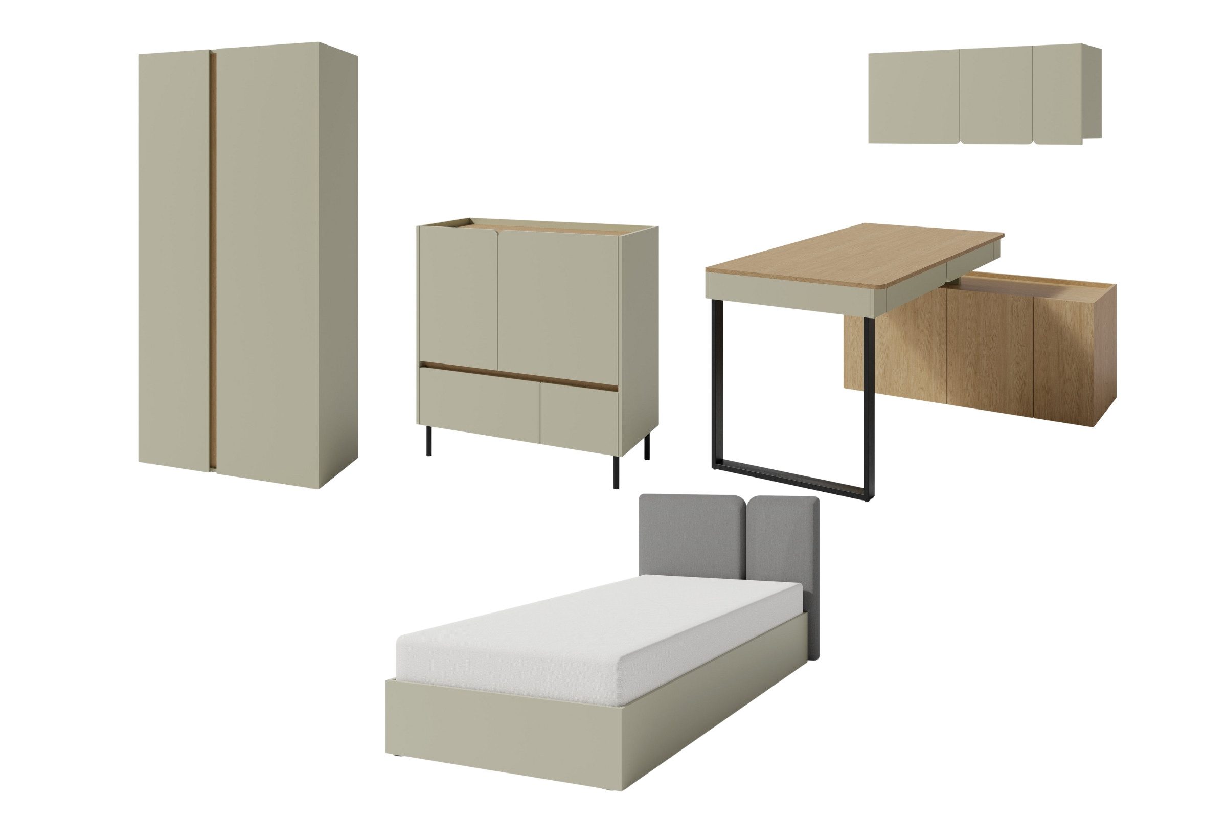 Deine Möbel 24 Jugendzimmer-Set LIBU A Kinderzimmer-Set Kindermöbel für Kinder Jugendliche, (Set, 5-tlg., inkl. Kleiderschrank Bett Wandregal Schreibtisch Kommode), LIBU-Kollektion Beige Eukalyptus Eiche 3+13+12+10+9