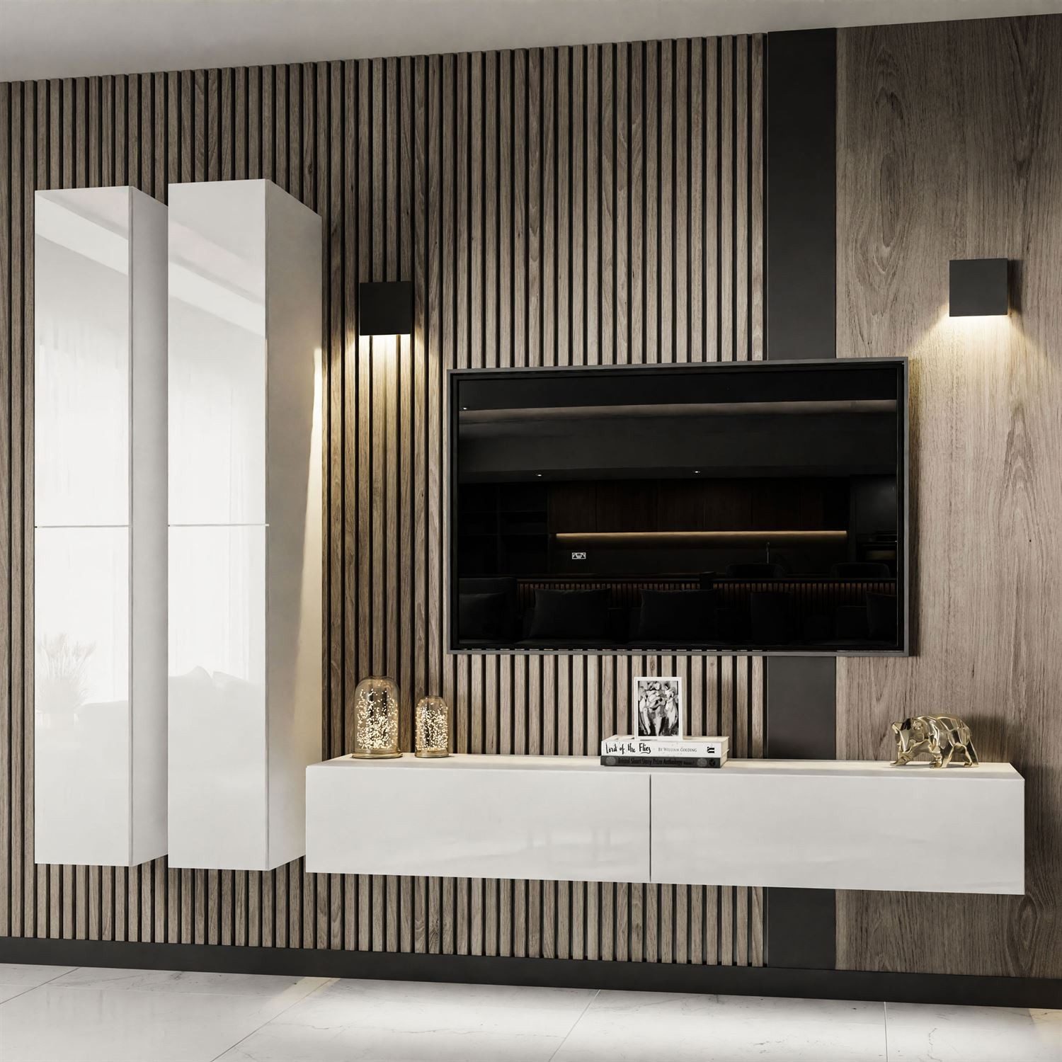 ALLHOUSE24 Wohnwand AURA III 175 cm Breite Hängende Schrankwand weiß Hochgl günstig online kaufen