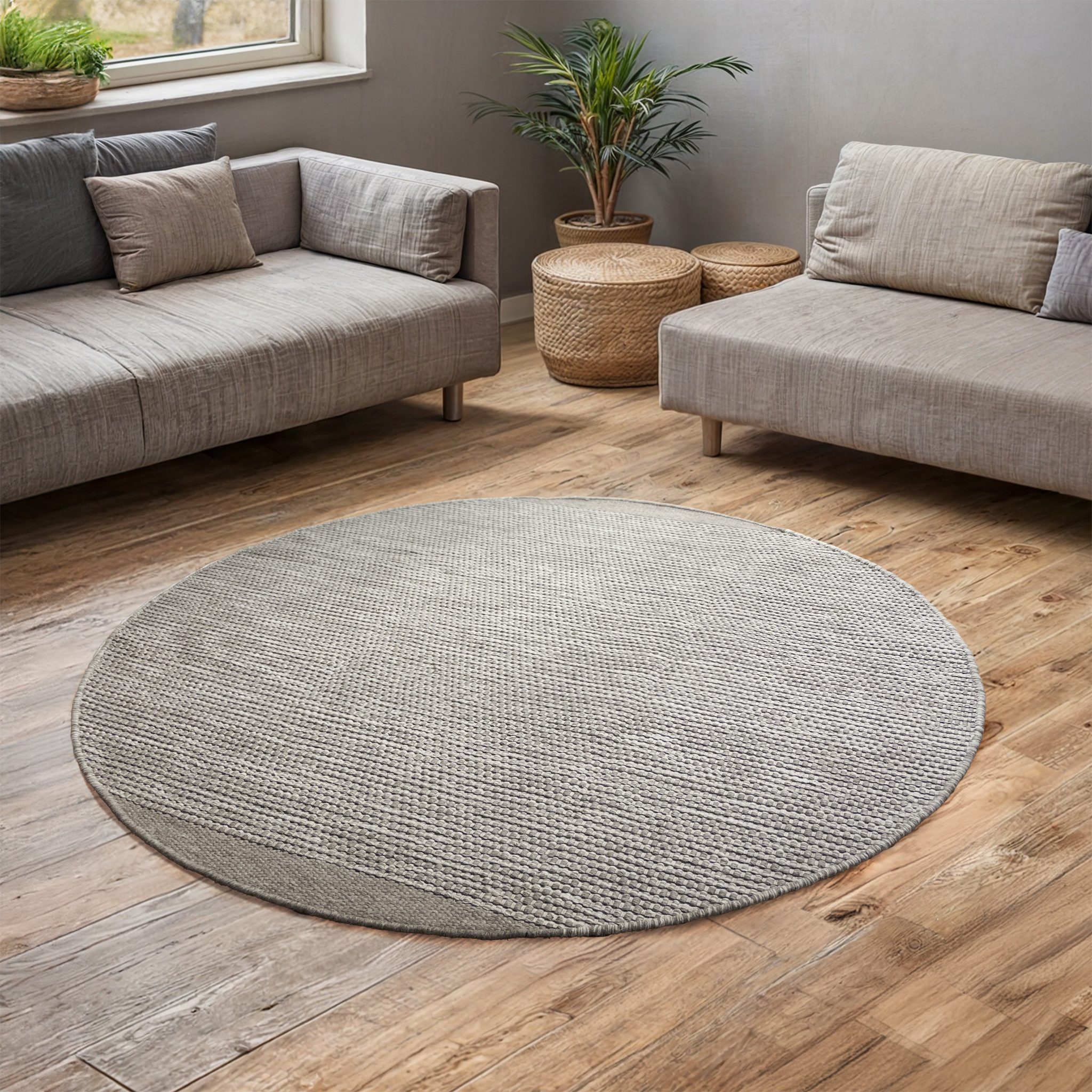OTTO home Wollteppich Odenne, rund, Höhe: 10 mm, handgewebter Wendeteppich, melierte Optik, reine Wolle, Wohnzimmer