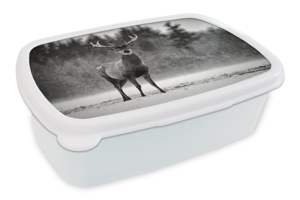 MuchoWow Lunchbox Tiere - Hirsche - Winter - Schwarz - Weiß, Kunststoff, (2-tlg), Brotbox für Kinder und Erwachsene, Brotdose, für Jungs und Mädchen