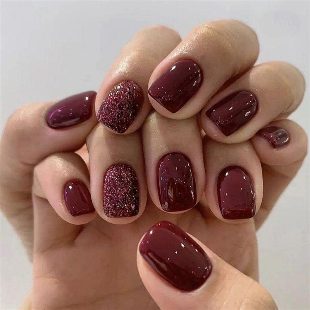 DAYUT Kunstfingernägel Glitter Short Square Kunstnägel, Burgund, Neujahrs-Nageldekoration