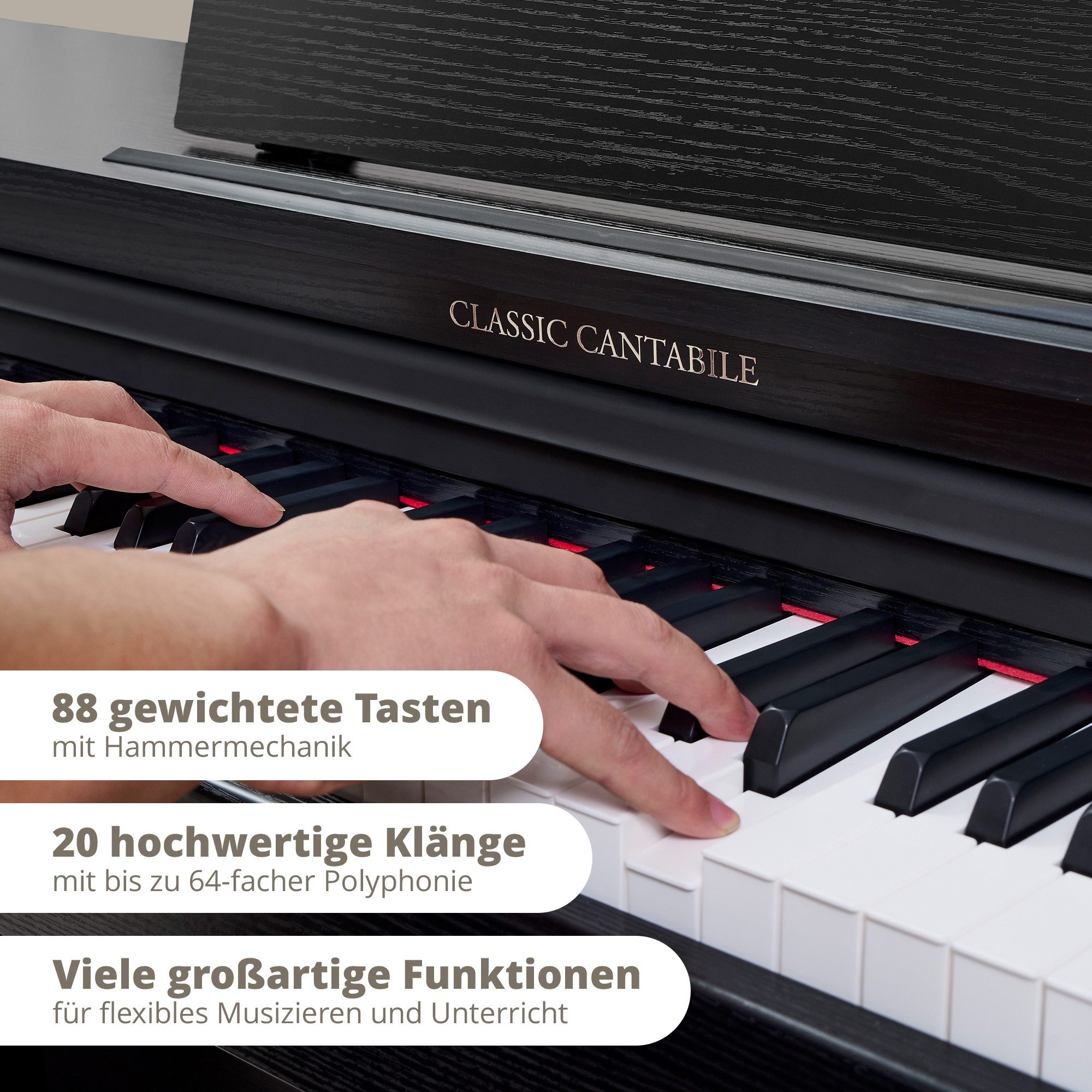 Classic Cantabile Digitalpiano DP-220 E-Piano Set - 88 gewichtete Tasten mit Hammermechanik (inkl. Pianobank, Kopfhörer und Klavierschule), 20 Klänge und 3 Pedale - Dual-, Split- und Twinova-Funktion