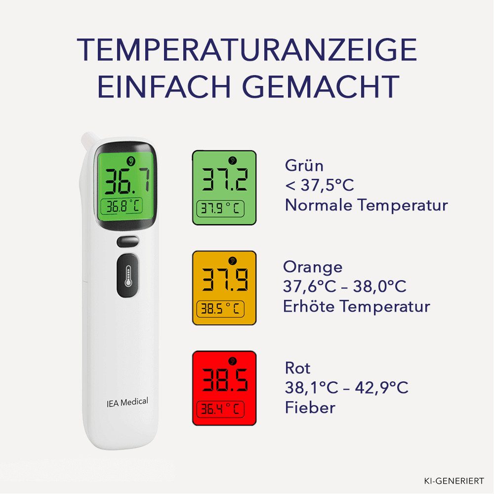 IEA Medical Infrarot-Fieberthermometer Digitales Fieberthermometer AOJ-20A, inkl. Tragebeutel, kontaktlos, für Babys, Kinder, Erwachsene, Farbwarnsystem, Stirn & Ohr