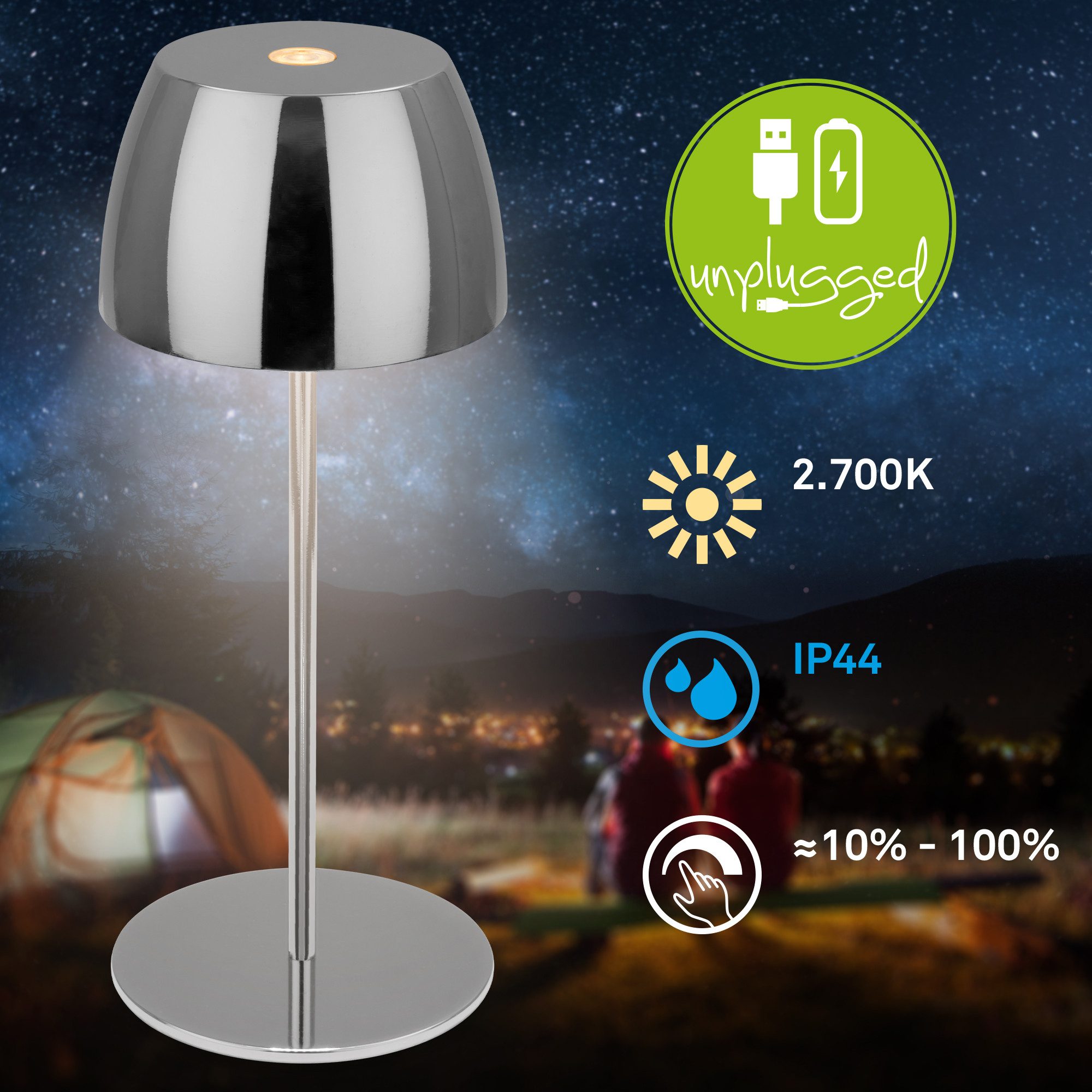 Briloner Leuchten Tischleuchte Akku Tischlampe dimmbar kabellos Außen/Innen, Ladekabel, LED fest integriert, 2700K - Extra - Warmweiß, Tischlampe kabellos 20x8cm Chrom 2,5W Wohnzimmer Schlafzimmer Outdoor