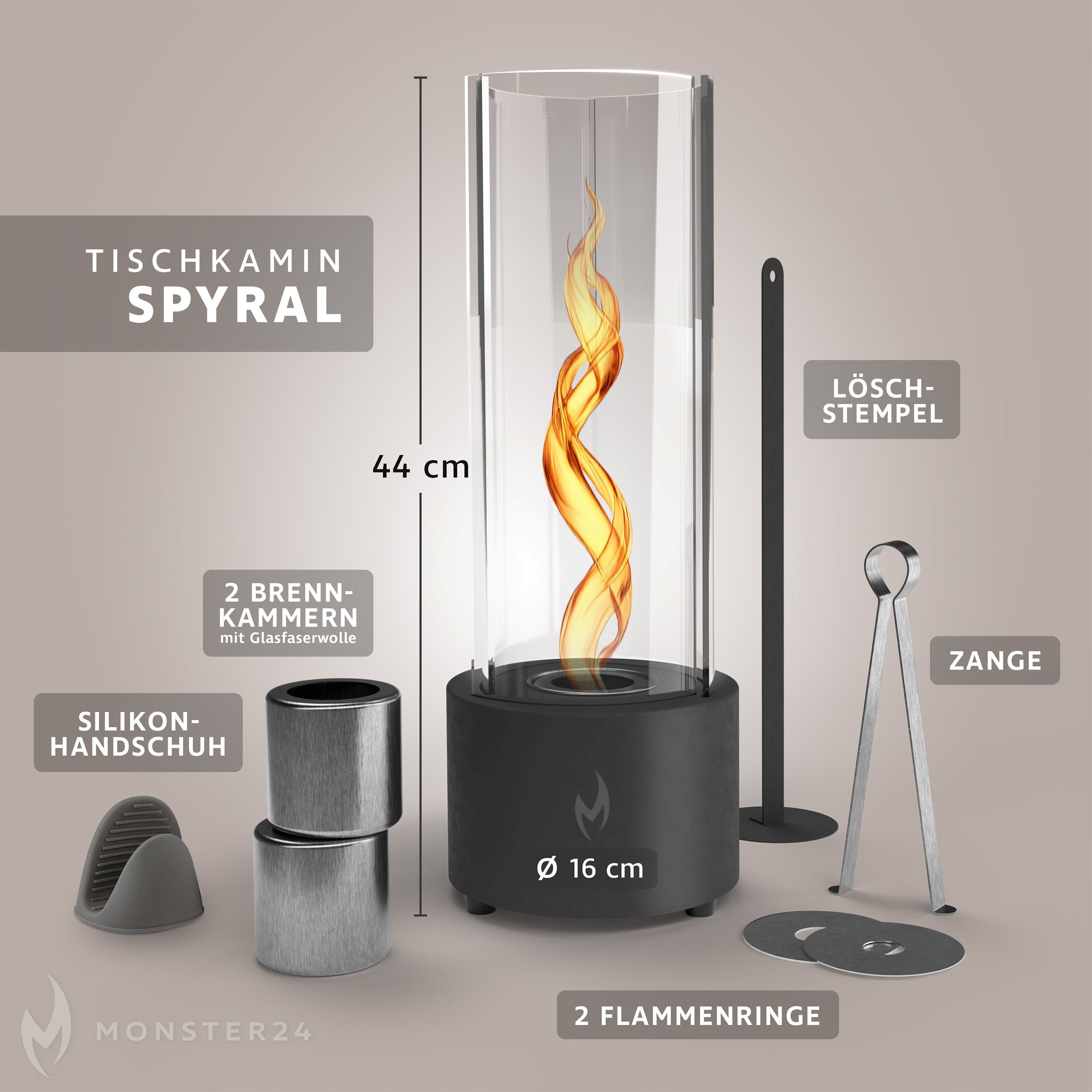 Monster24 Echtfeuer-Dekokamin Bio-Ethanol Tischkamin mit Tornado-Flamme für Indoor & Outdoor