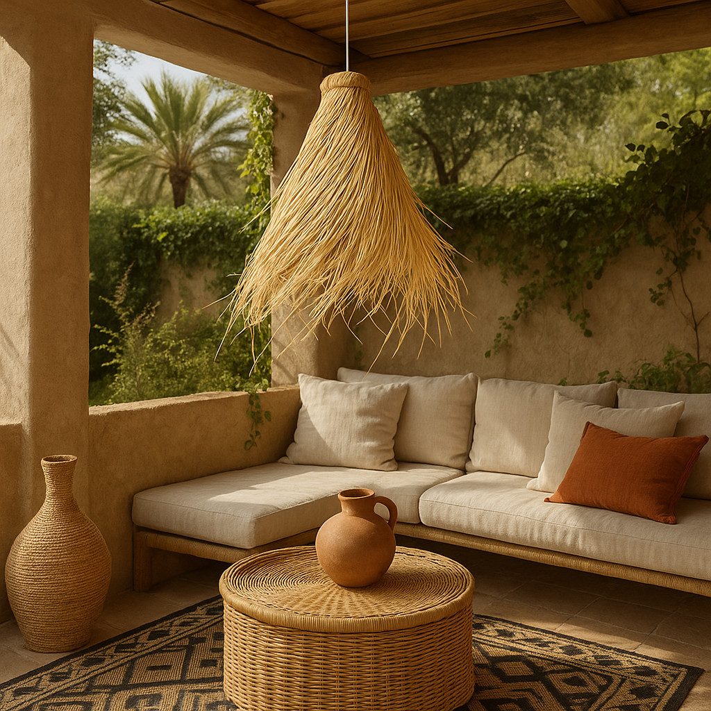 Marrakesch Orient & Mediterran Interior Pendelleuchte Boho Pendelleuchte Oaxan handgefertigt aus Palmenblatt in Natur 47 cm, Handarbeit