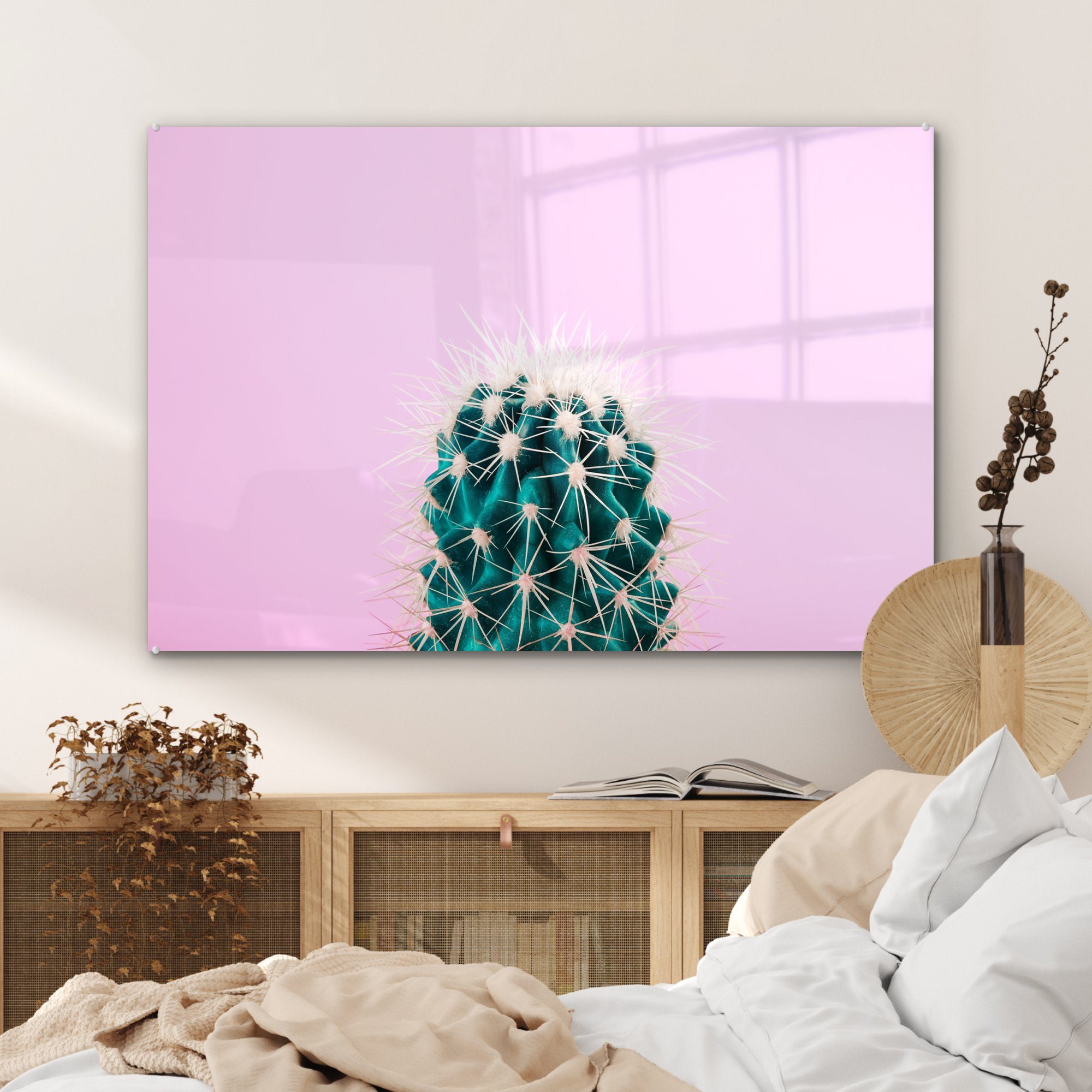 Grüner Wohnzimmer Schlafzimmer Kaktus MuchoWow (1 St), Acrylglasbilder auf Hintergrund, Acrylglasbild & rosa