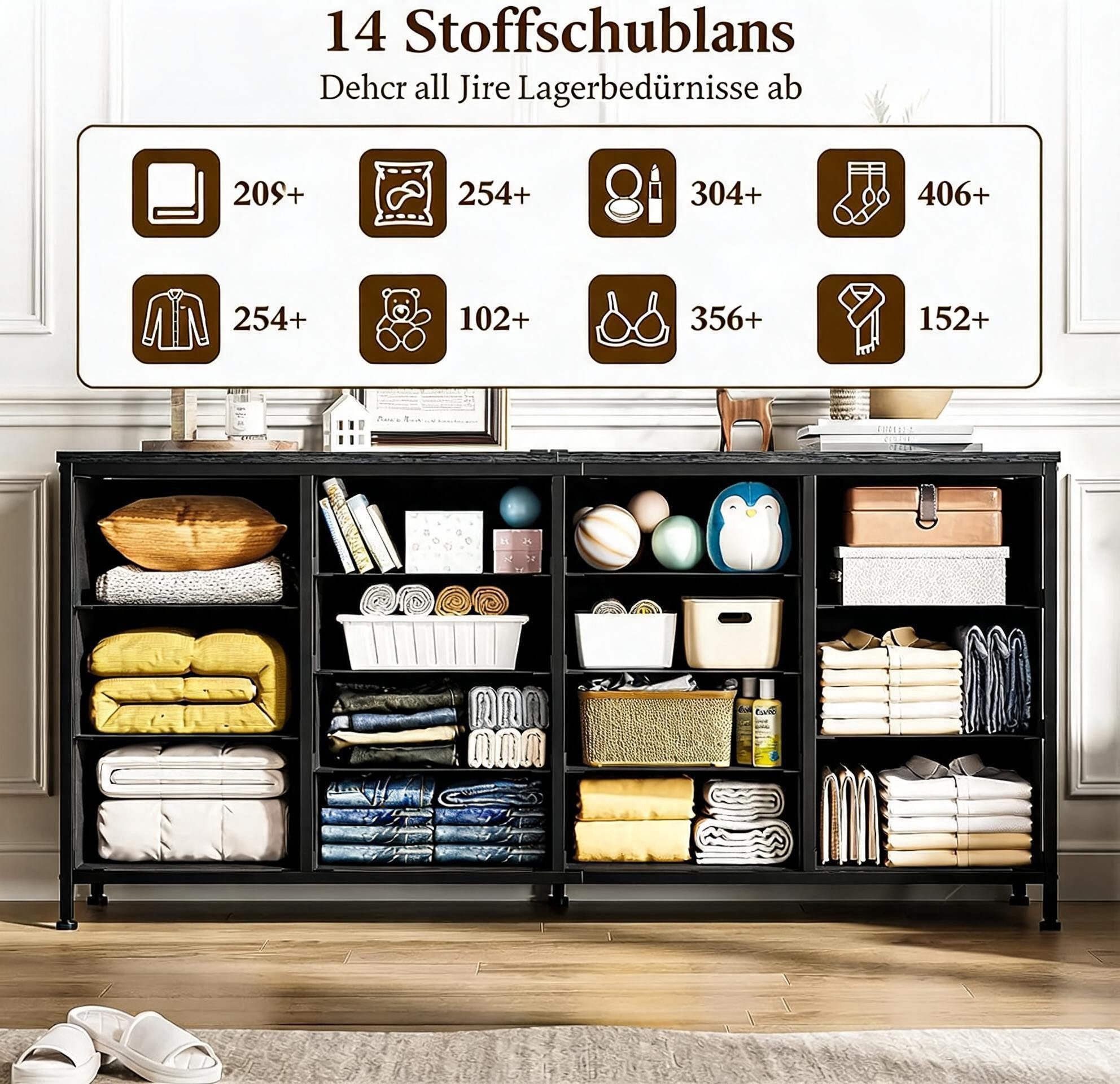 GarveeMore TV-Bank 160cm TV-Schrank mit 14 Schubladen, Steckdosen Holzmaserung