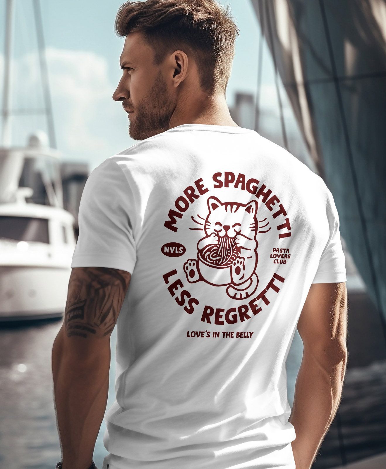 Neverless Print-Shirt Herren T-Shirt Backprint Katze Rückendruck Brustloge Pasta Lovers mit Print