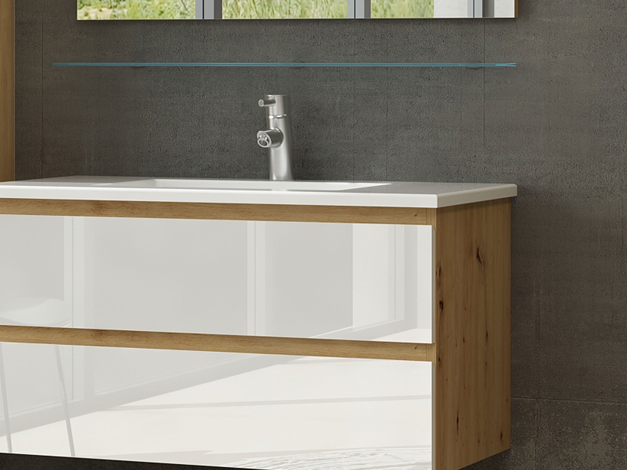 Homeline Badmöbel-Set Leonard-90-1x H, (Badmöbel Set Eiche Artizan/ Weiss Hochglanz Badezimmermöbel 5 Teilg Leonard 90 cm, 5-St)