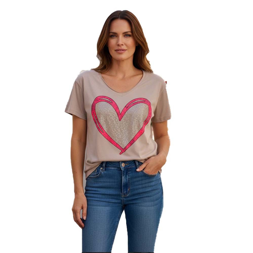 Miss Goodlife T-Shirt MG14039 V-Neck „Heart“ – Sand mit Strass-Herzprint günstig online kaufen