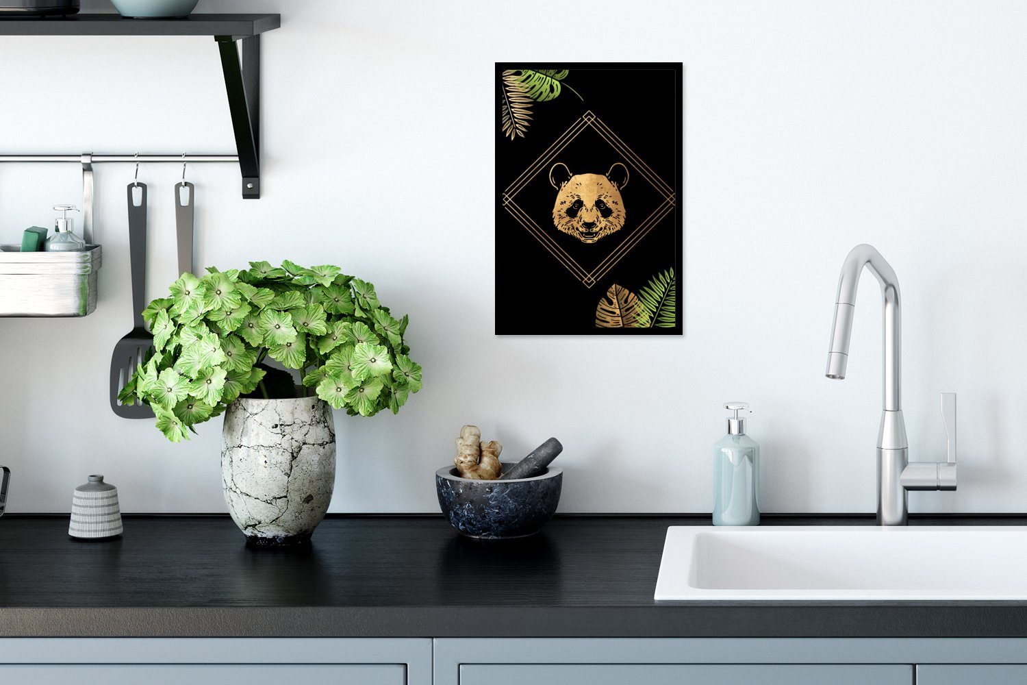 Bilderrahmen Schwarzem Gerahmtes - Wanddeko, Tier Poster, St), (1 Poster Bilder, MuchoWow Wandposter, Panda, - Blätter