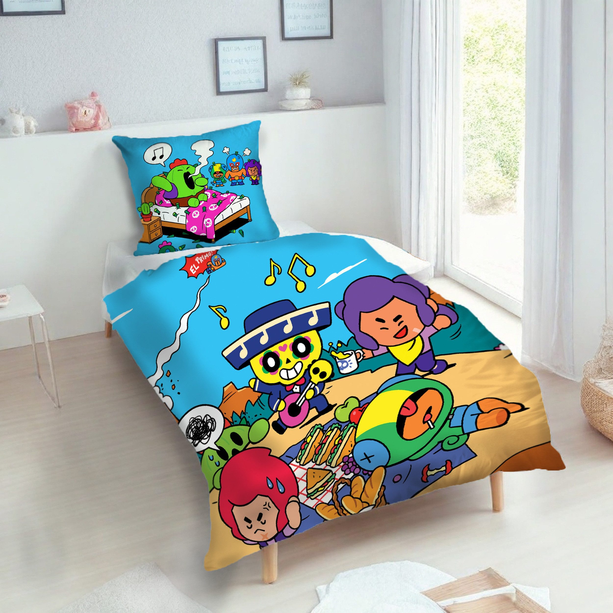 Familando Kinderbettwäsche Brawl Stars 135x200 + 80x80 cm aus 100% Baumwolle mit Reißverschluss, Renforcé, 2 teilig, mit Charakteren El Primo, Poco, Shelly, Leon, Colt & Spike