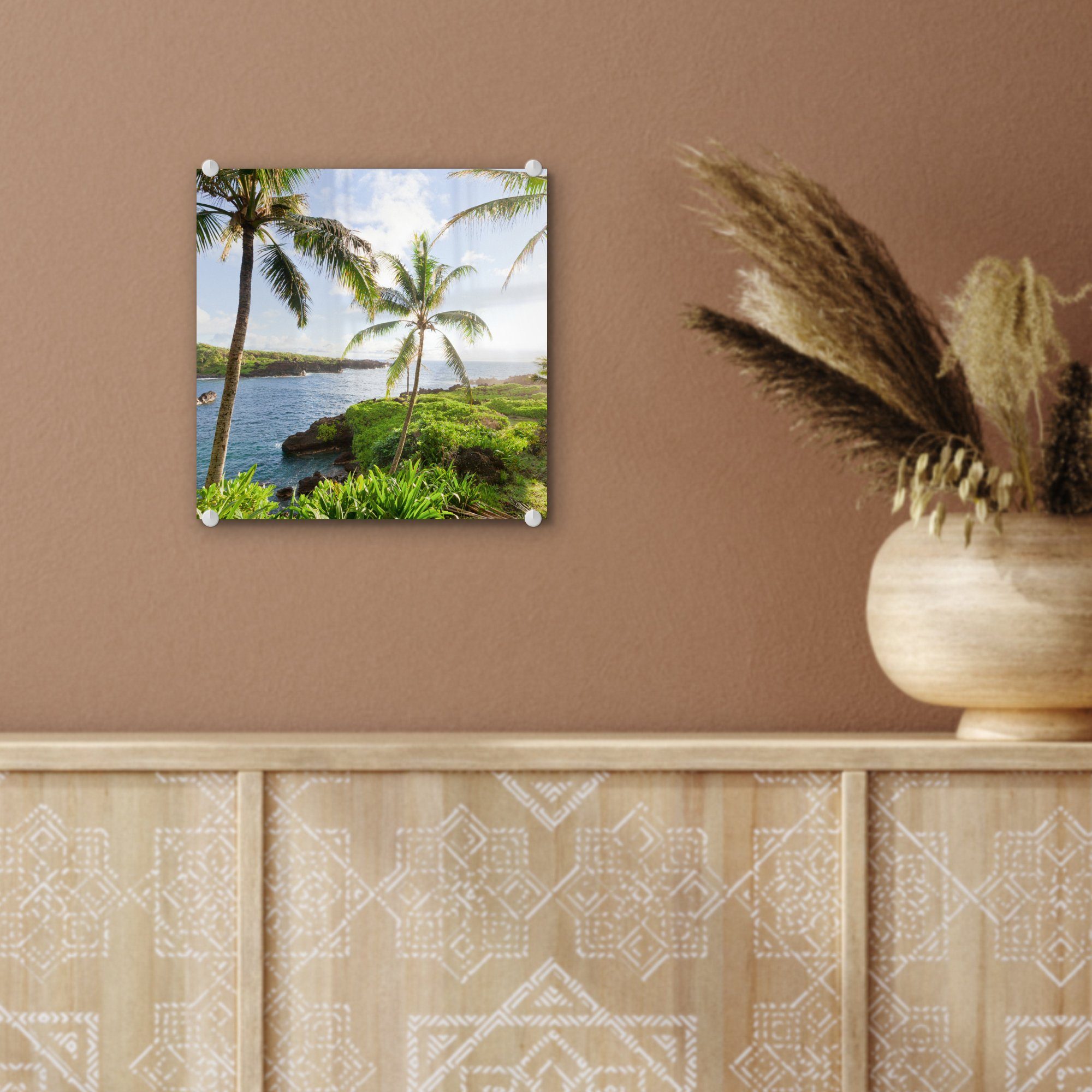 MuchoWow Acrylglasbild - Wandbild Landschaft St), Glas Bilder Wanddekoration auf - auf Tropische (1 Maui, Glasbilder mit - auf Foto Glas Palmen