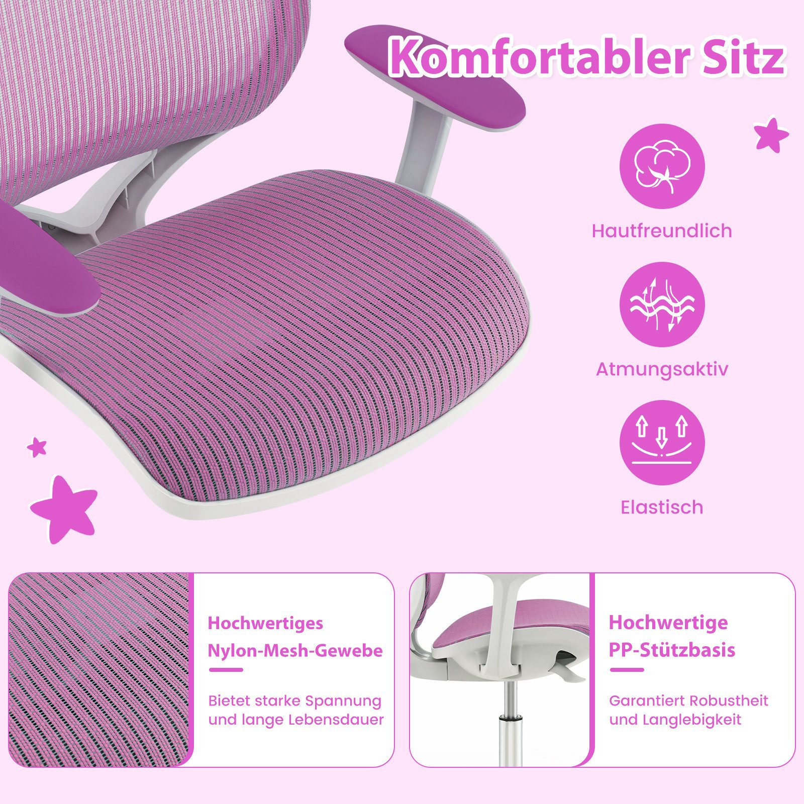 COSTWAY Drehstuhl Kinderstuhl, 43-55cm höhenverstellbar, mit Rollen 360° drehbar