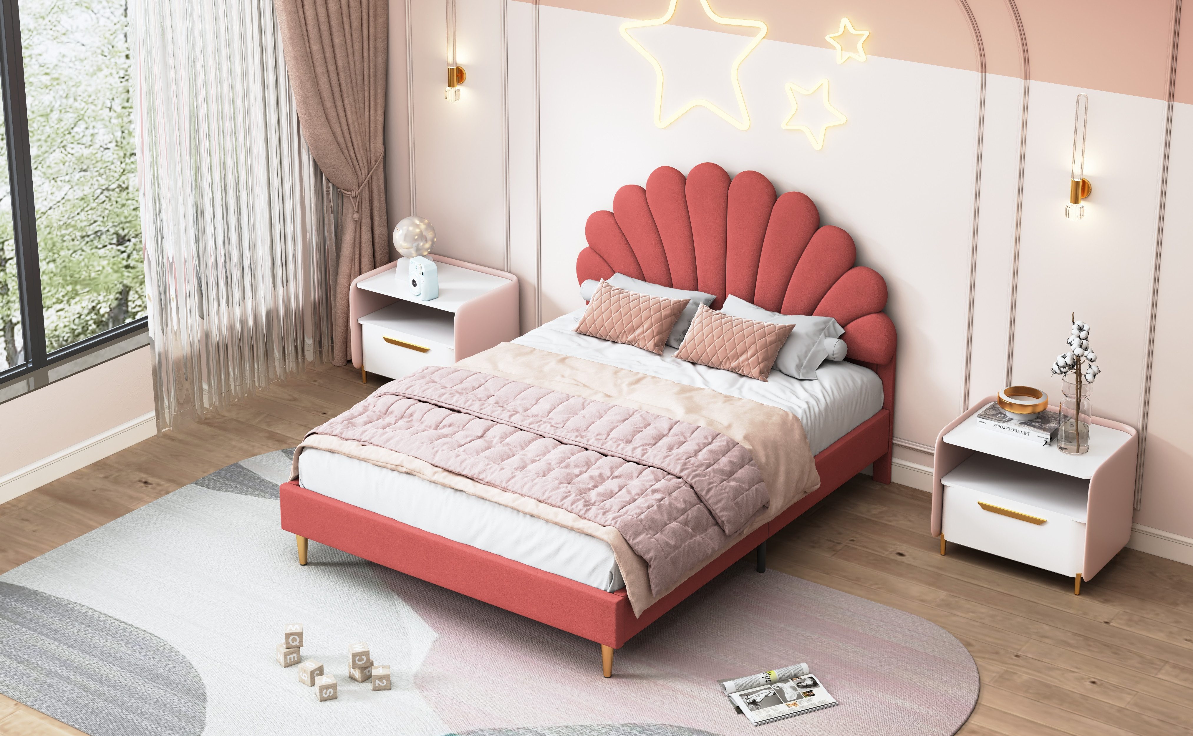 SEEZSSA Polsterbett Kinderbett Jugendbett (140x200cm Bett Doppelbett mit Blütenblattform Prinzessinnenbett), Samt,Rotwein