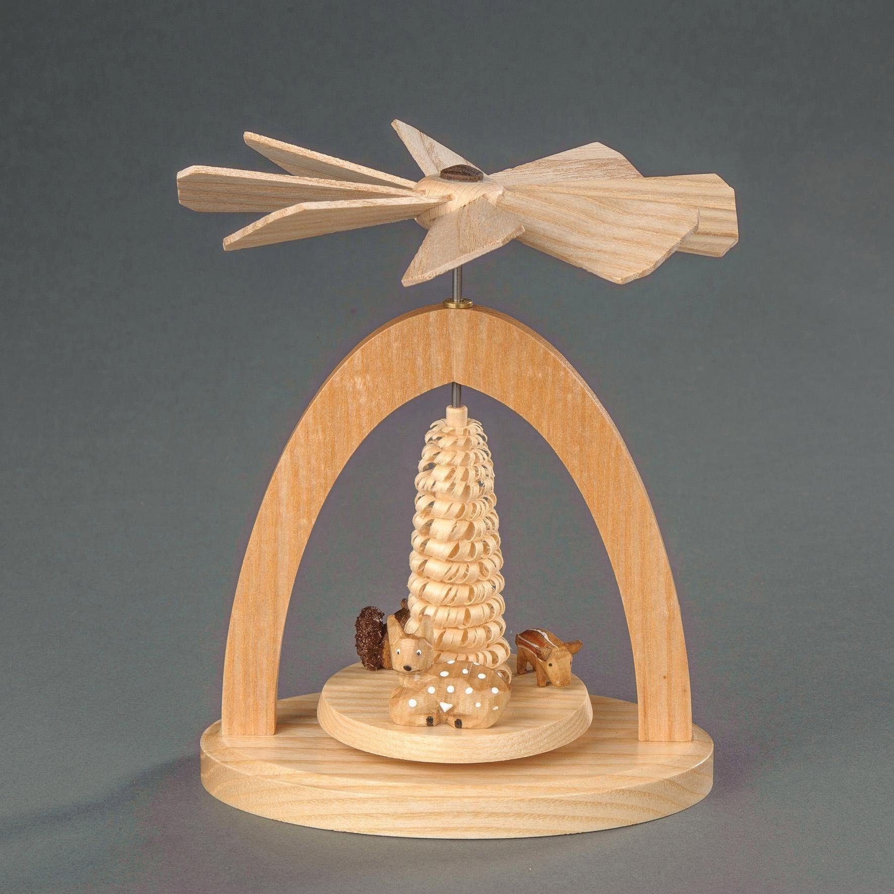 Albin Preissler Weihnachtspyramide Wärmespiel mit Kitz, Frischling und Eichhörnchen, Handwerkskunst aus dem Erzgebirge