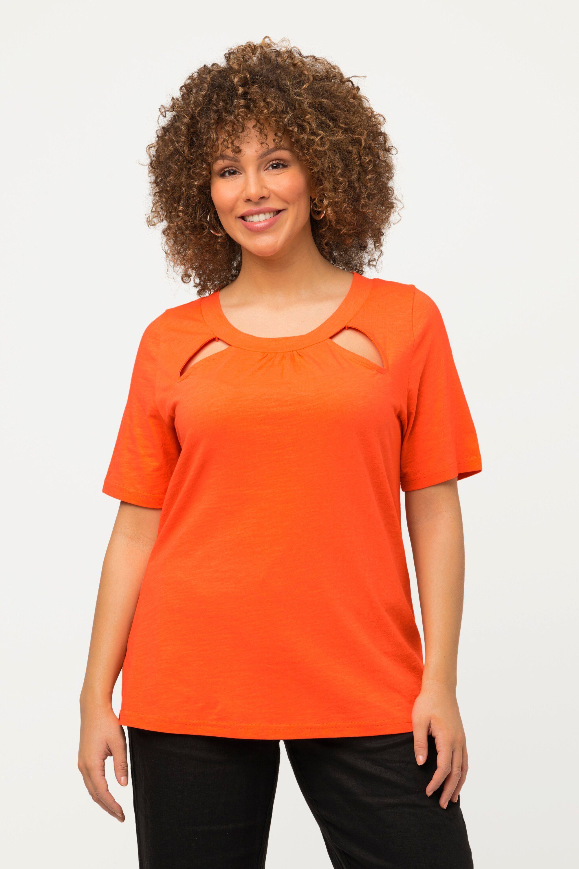 Ulla Popken Rundhalsshirt T-Shirt Cut-Outs Kräuselung Slim Rundhals Halbarm mandarine