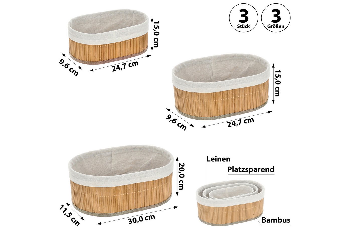 Thumbnail - CEPEWA Allzweckkorb Aufbewahrungskorb oval 3er Set Bambus Leinen 3 Größen Utensilienkorb