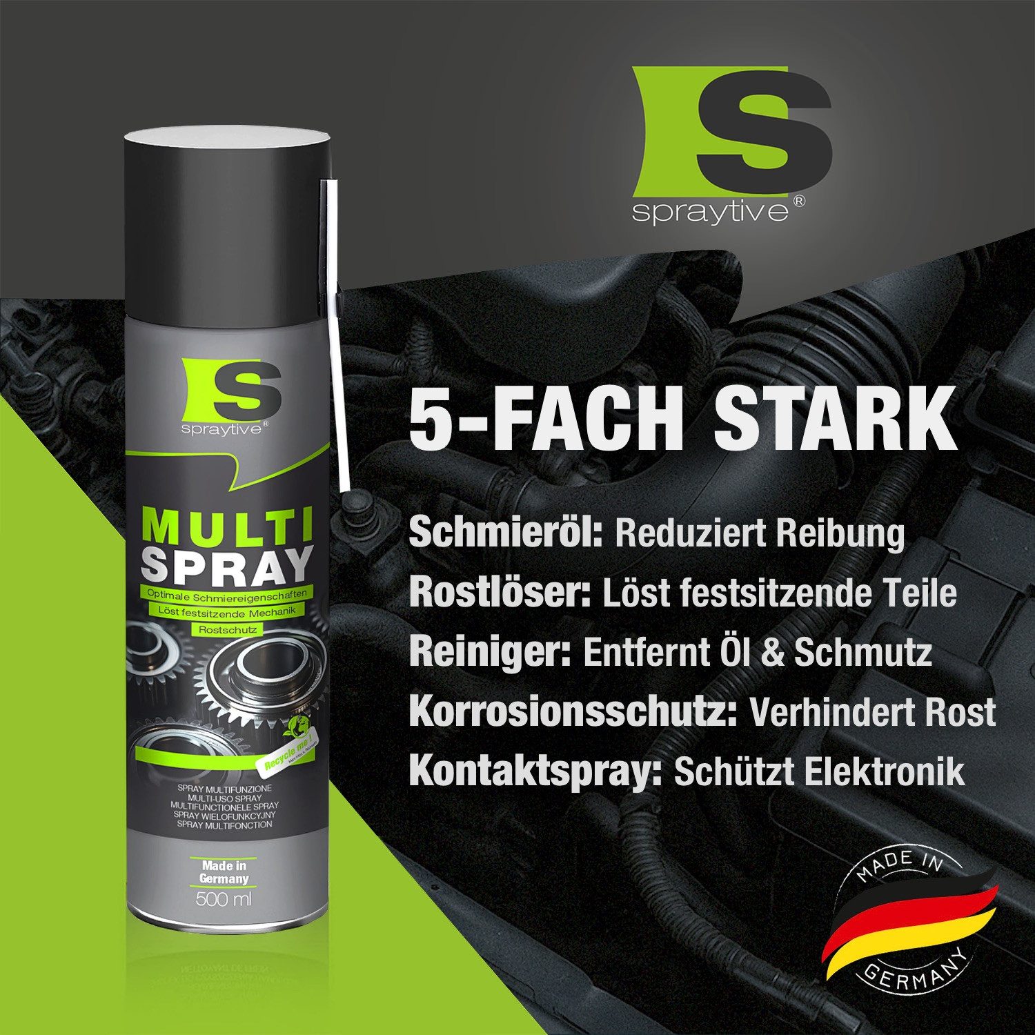 Spraytive 1x 500ml Multi Spray – 5-in-1 Kriechöl Rostlöser Allzweck Kontaktspray Gartengeräte-Pflegespray, Made in Germany