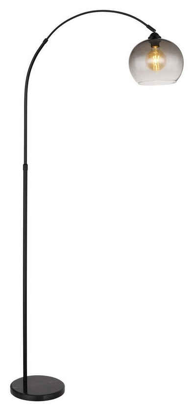Globo Bogenlampe NEWCASTLE, 1-flammig, Schwarz, Metall, H 196 cm, ohne Leuchtmittel, Marmor Standfuß, Glasschirm in rauchfarben