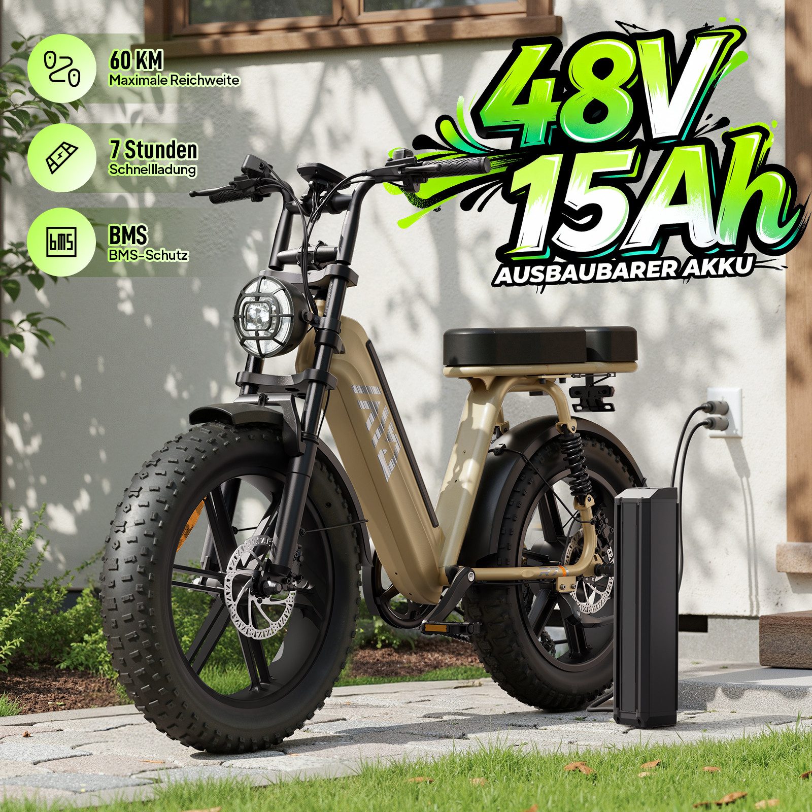 SISIGAD E-Bike Mountainbike 20'' Fat Tire E-Bike 48V 15AH,250W, Herausnehmbarer Akku, APP, R7, Shimano, Heckmotor, 720 Wh, 7-Gang Schaltung,100 km Reichweite(PAS) für Alltag und Freizeit