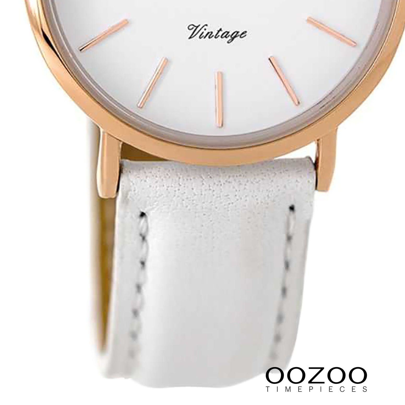 (ca. Lederarmband Quarzuhr rund, mittel weiß, OOZOO 32mm), Damen Damenuhr weiß, Fashion Oozoo Armbanduhr