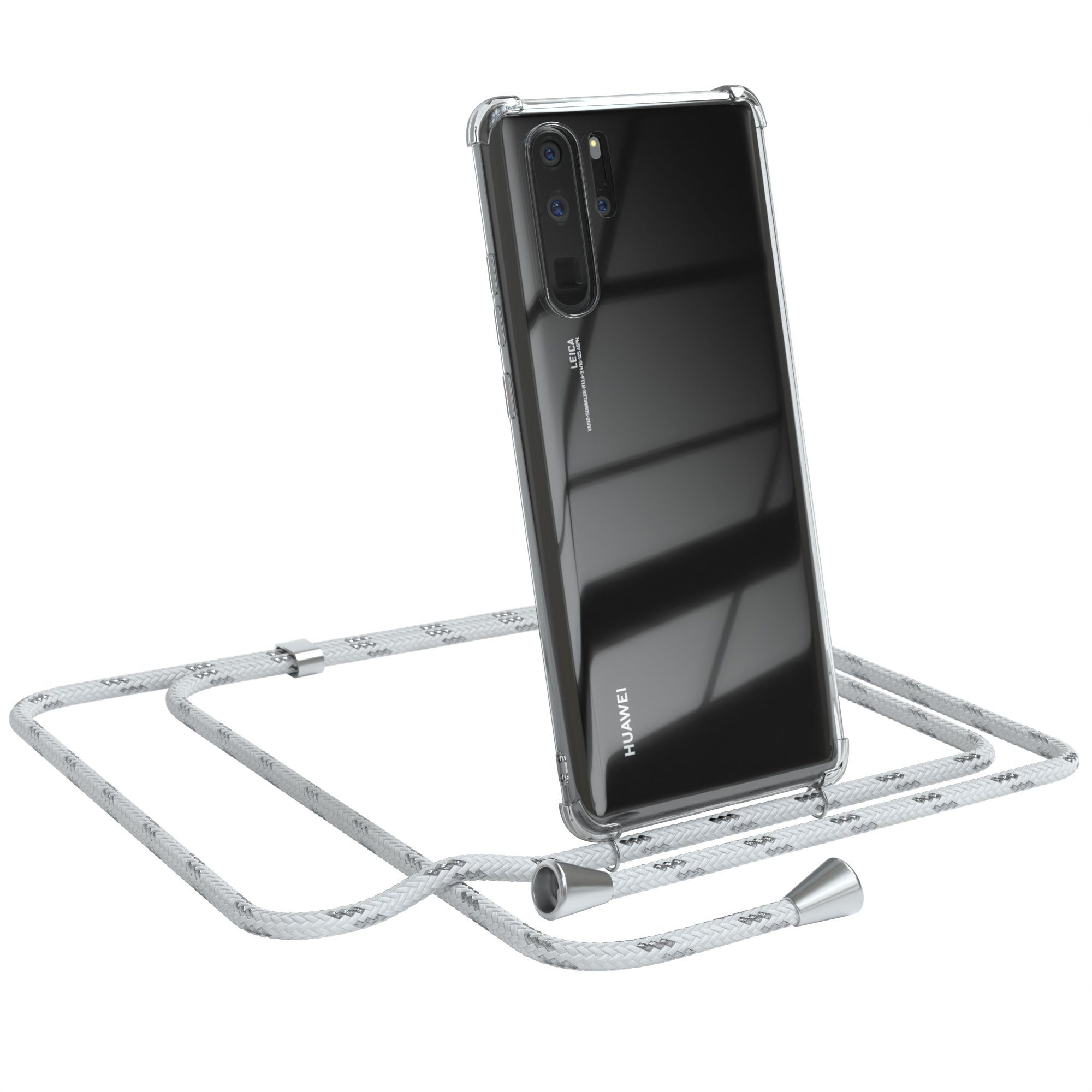 EAZY CASE Handykette Hülle mit Kette für Huawei P30 Pro 6,47 Zoll, Hülle Smartphonekette für Unterwegs Festivalhülle Transparent Weiß