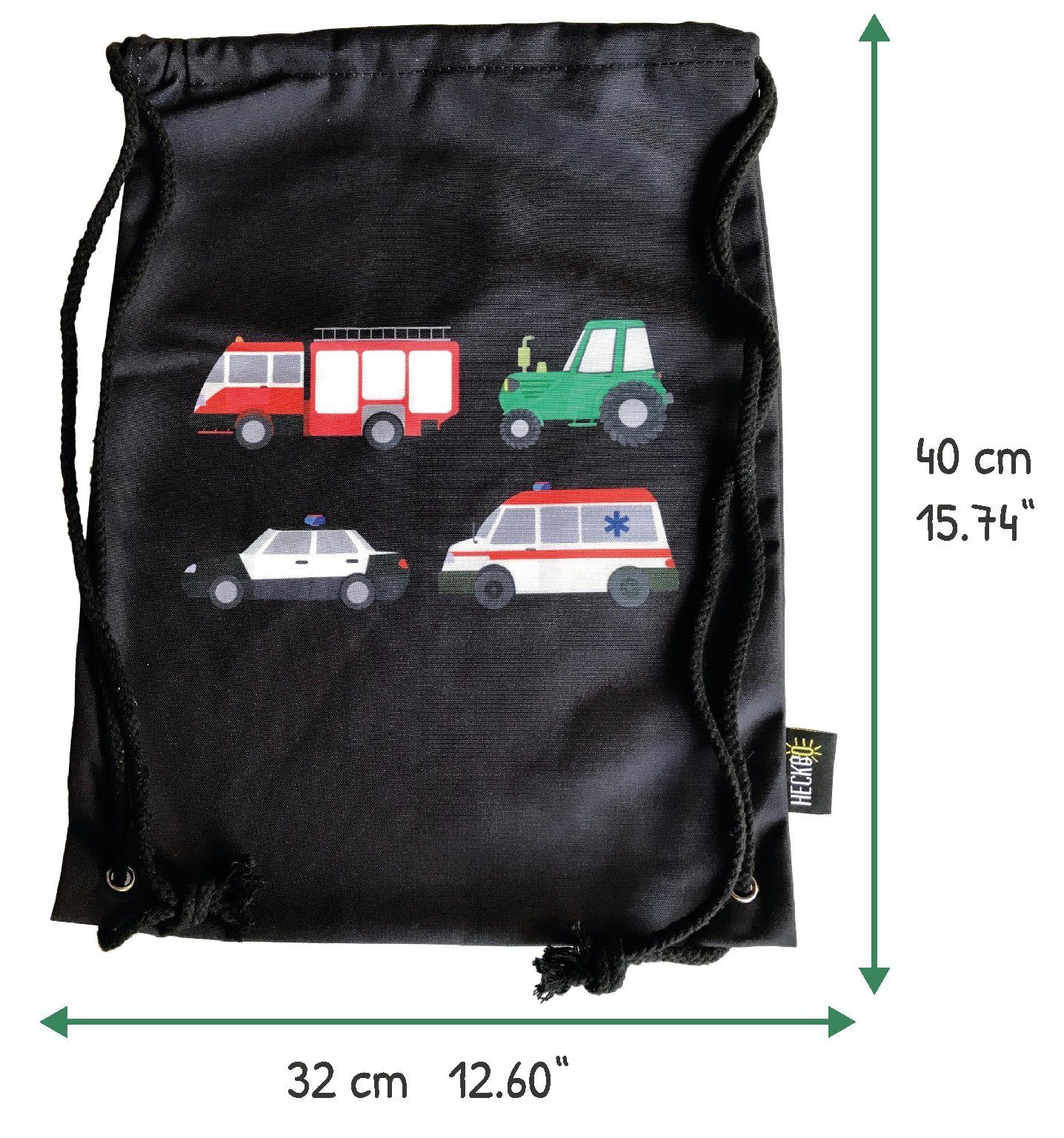 HECKBO Turnbeutel Kinder Turnbeutel - beidseitig Bedruckt mit 4 Feuerwehr, Traktor, Krankenwagen & Polizei - Gymsack, Rucksack, Spieltasche, Sportbeutel, Schuhbeutel, Tasche für Jungen Jungs