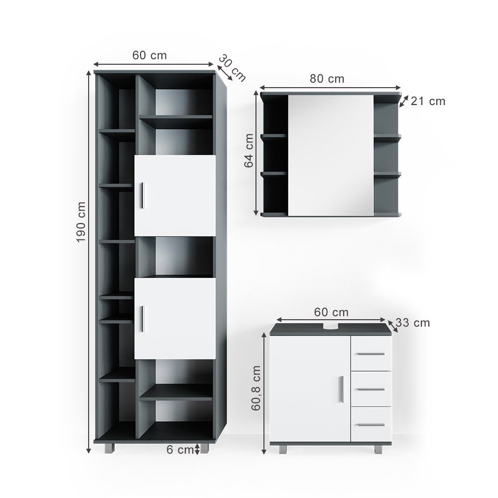 Vicco Badmöbel-Set Ilias, Weiß/Anthrazit, 3 Teile, mit Unterschrank 60 cm, (3-er Set, 3-St., 3er Set)