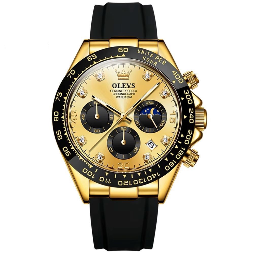 OLEVS Quarzuhr Herrenuhr Olevs Gold/Schwarz Chronograph mit Silikonarmband 2875