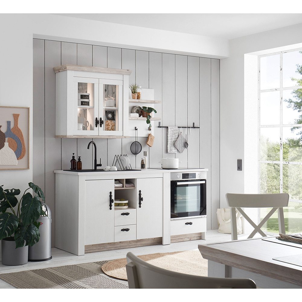 Lomadox Küchenzeile FERNA-61, 4-teilig, Pinie weiß mit Pinie dunkel, Softclose-Funktion, Landhaus