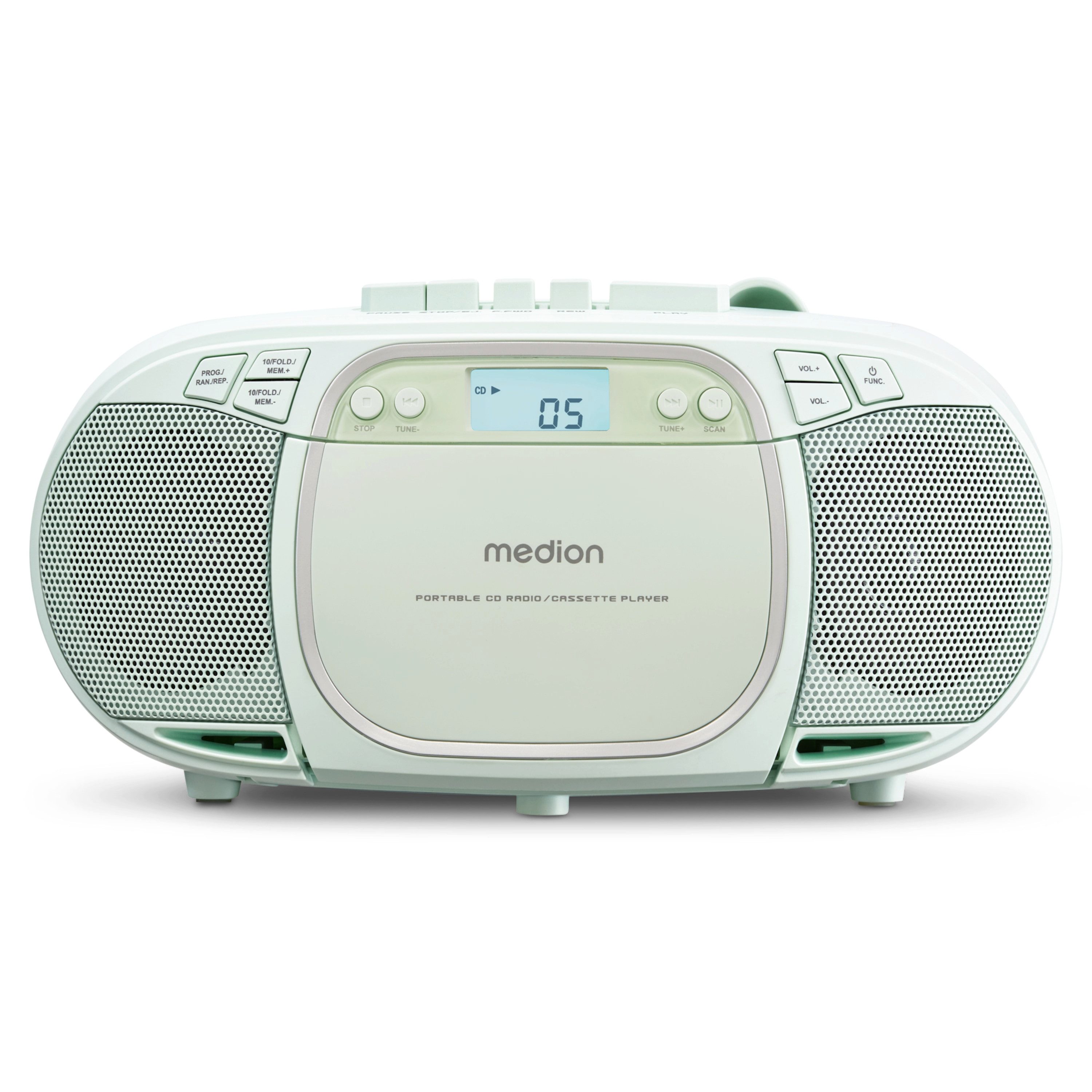 Medion® Kassetten Player (An/Aus Anzeige, Audiokassetten, AUX-Eingang, Batteriebetrieben, CD-Player, CD-R-Wiedergabe, CD-RW-Wiedergabe, FM-Radio, Digitalanzeige, Kassettenwiedergabe, USB, Tragbar, Stereo, Radio, MP3 CD-Wiedergabe, On/Off Switch, MW/UKW Radio, Netzbetrieben, Lautstärkeregelung, 2x 20W max., LC-Display, 30 Senderspeichern, USB)