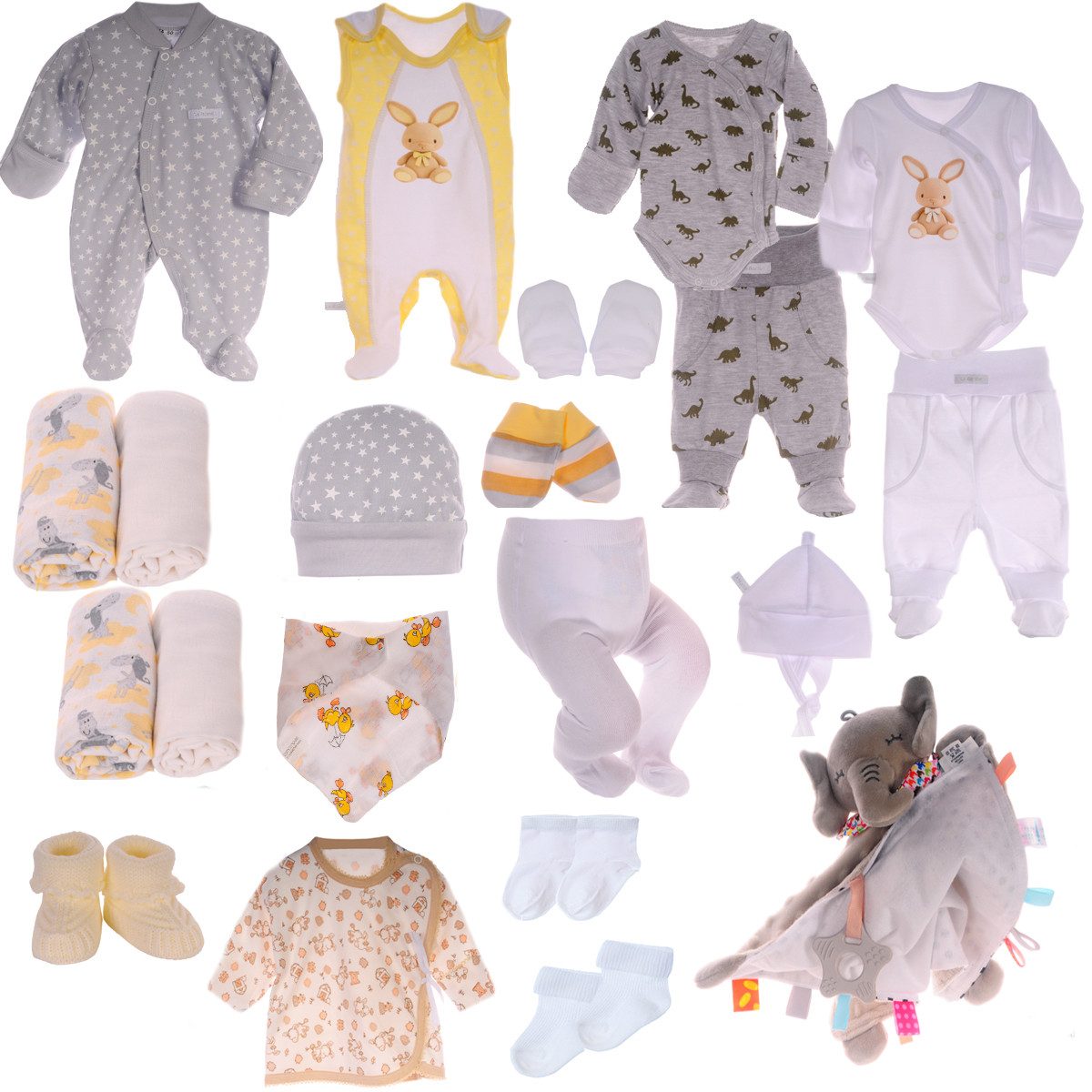 La Bortini Erstausstattungspaket Geschenk Box Set 21-tlg Strampler Strickschuhe Body Hose Mütze (Geschenk zur Geburt für Jungen und Mädchen, Bekleidung für Neugeborene, für Frühchen, Babys, neutral) Großes Bekleidungspaket für Neugeborene, Geschenk zur Geburt neutral