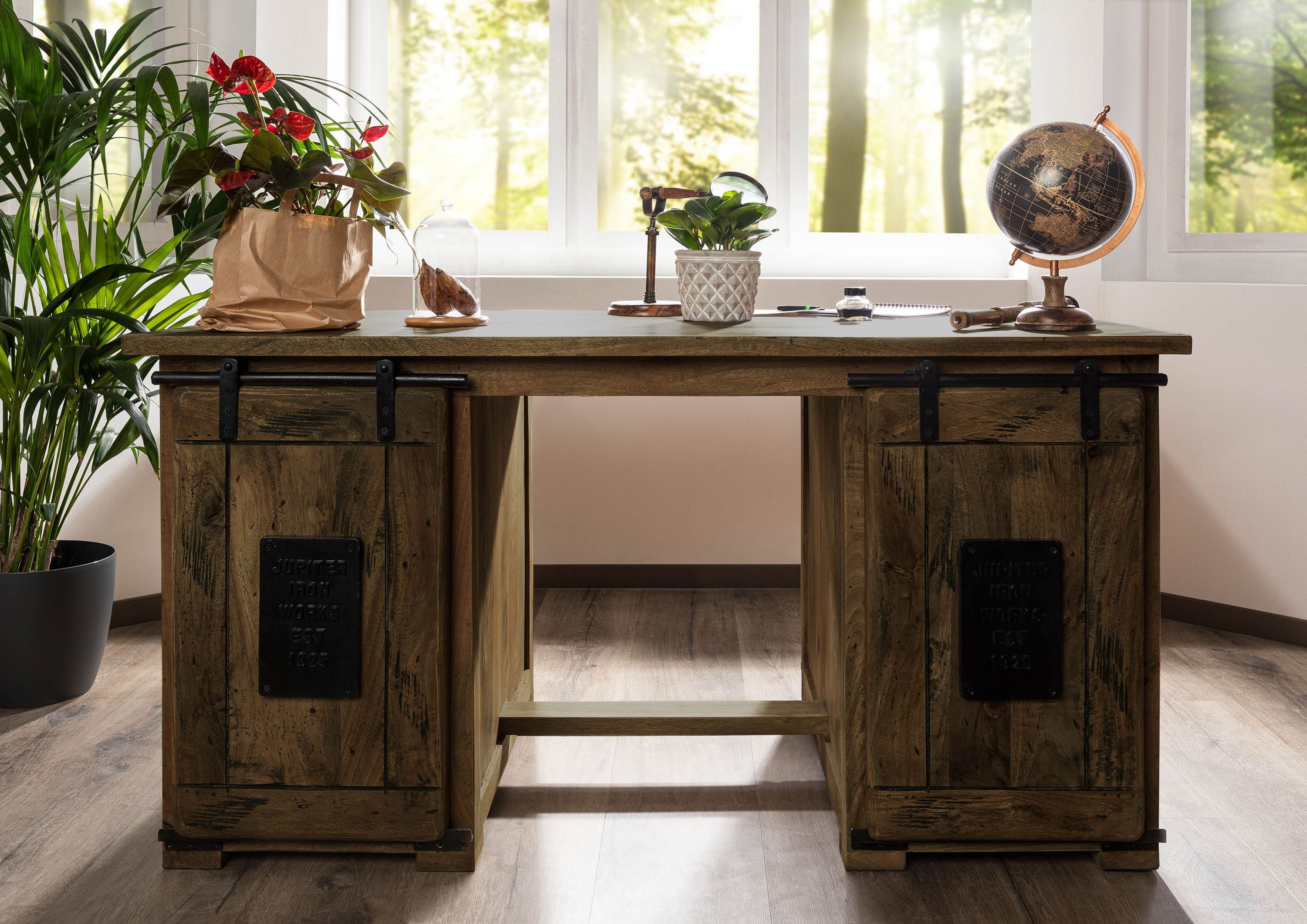 Massivmoebel24 Schreibtisch RAILWAY (Massivholz, Massivholztisch), Schreibtisch Mango 140x80x76 braun lackiert RAILWAY #461