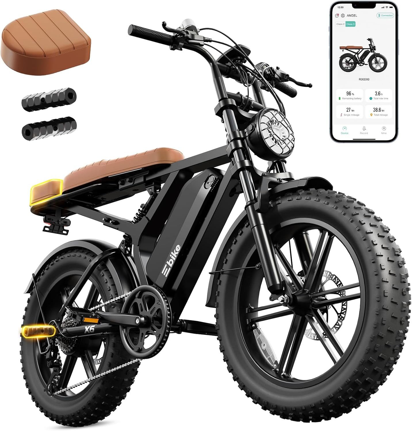 SISIGAD E-Bike Mountainbike 20'' fatbike-48V 15Ah Akku, 250W Motor, herausnehmbarem Akku, APP, Shimano, Heckmotor, 720 Wh, Fat Tire Elektrofahrrad – 7-Gang Schaltung, hoher Tragkraft 204kg,APP