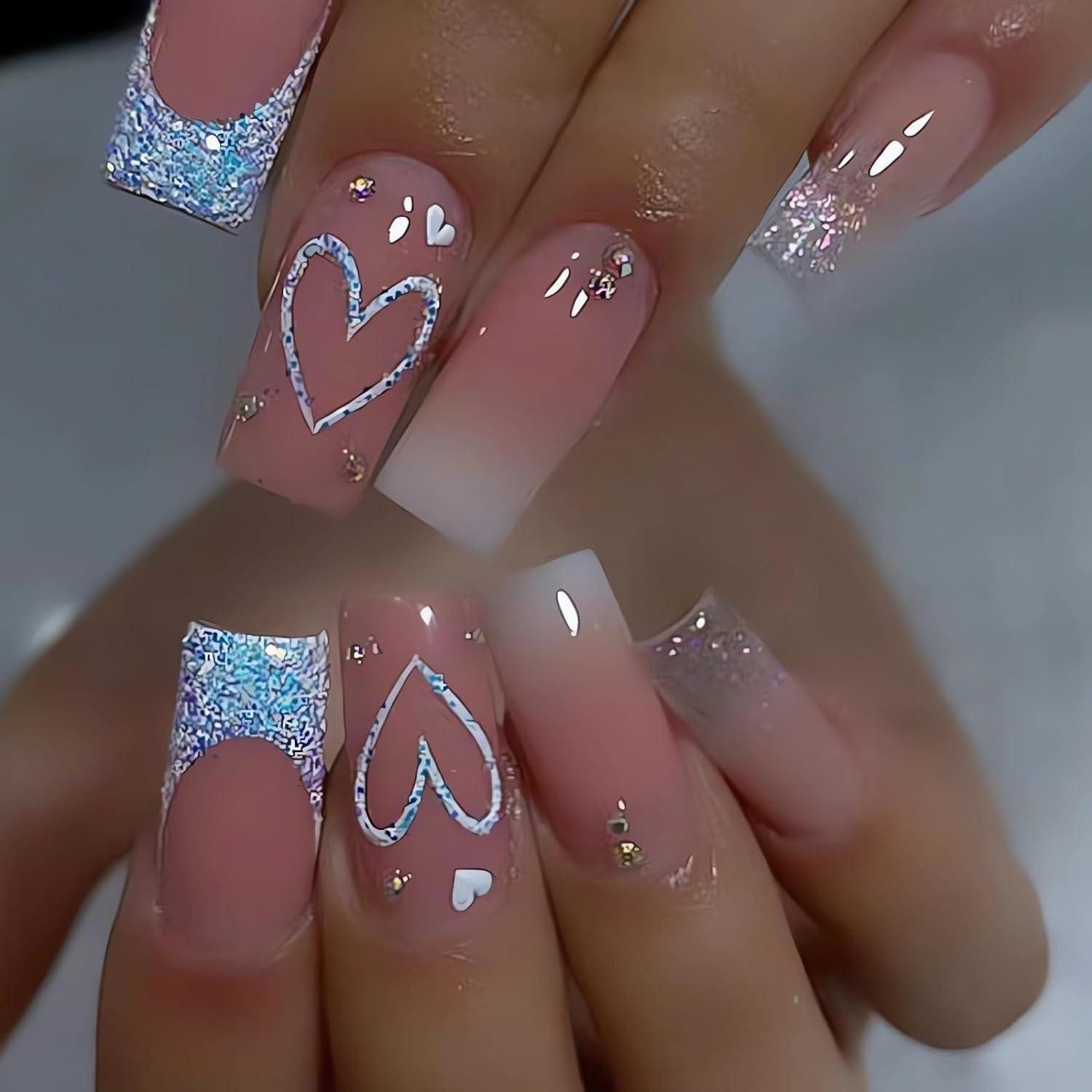 Kunstfingernägel 24 Stück Weiß Glitter Nägel Zum Aufkleben Lang Pink Sarg Press on