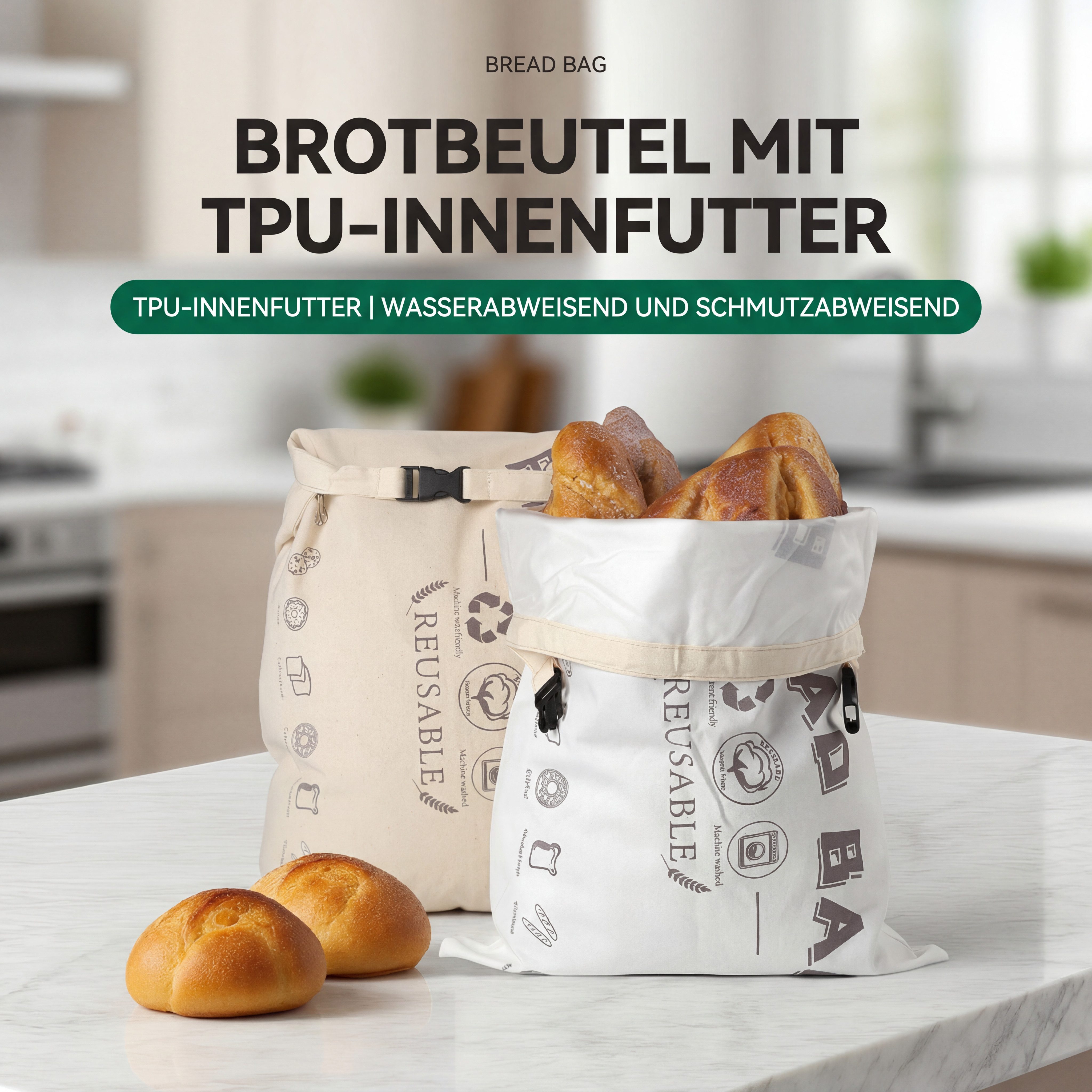 JASLIFE Brottasche Brotbeutel wiederverwendbar mit Clipverschluss, Baumwolle, waschbar, (Einzelstück; 2er Set, 1-tlg., 1-teilig), wiederverwendbar, leicht zu reinigen, praktisch im Alltag