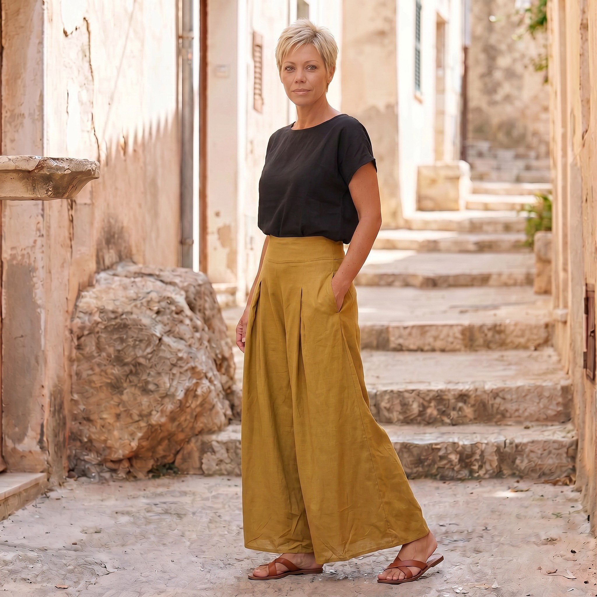 Guru-Shop Relaxhose Boho Hosenrock, weite Sommerhose - senf Ethno Style, alternative Bekleidung