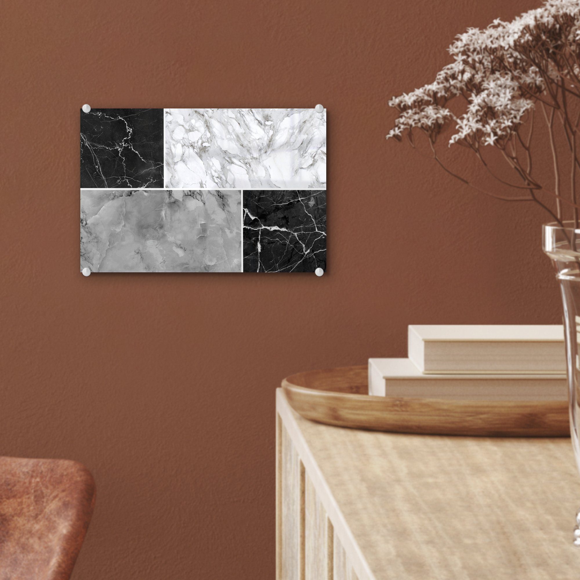 - - (1 Acrylglasbild Bilder Wanddekoration Glas auf - Weiß Foto - auf - MuchoWow Marmor Grau, St), Glasbilder - Schwarz Glas Wandbild