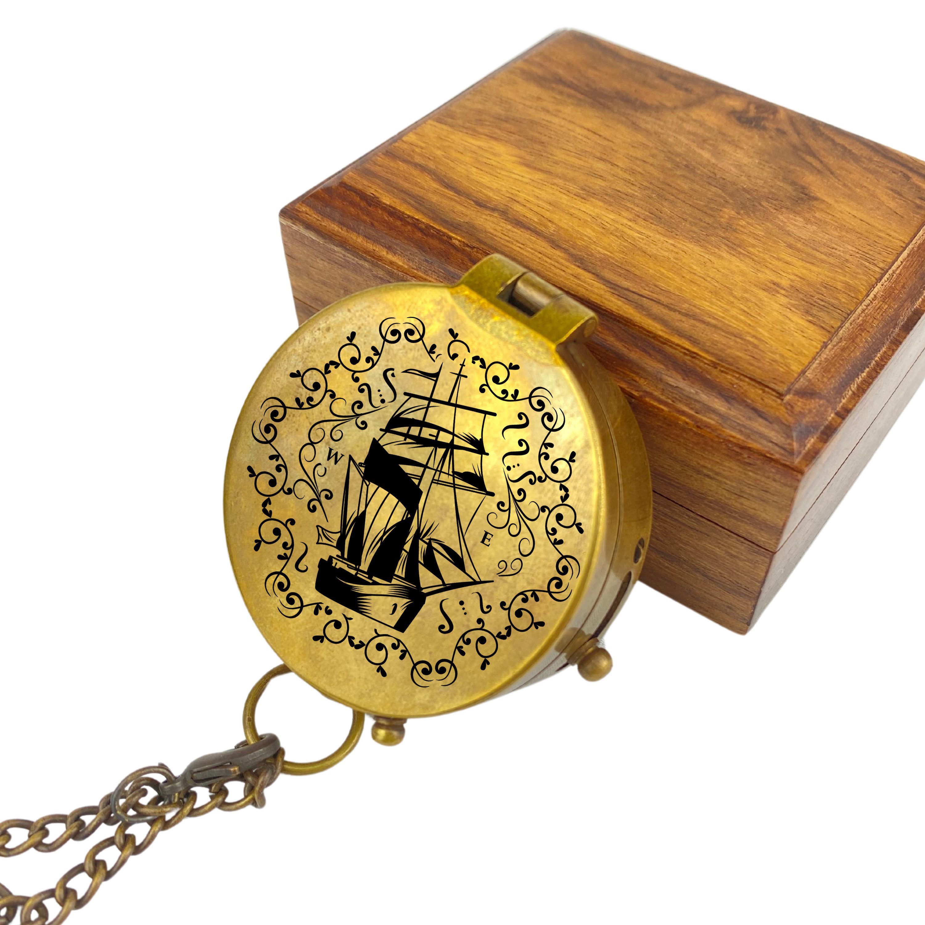 Lasernauten Kompass Kompass Vintage Optik mit Gravur auf dem Deckel Maritim diverse Motive, Kompass aus Messing in Vintage Optik