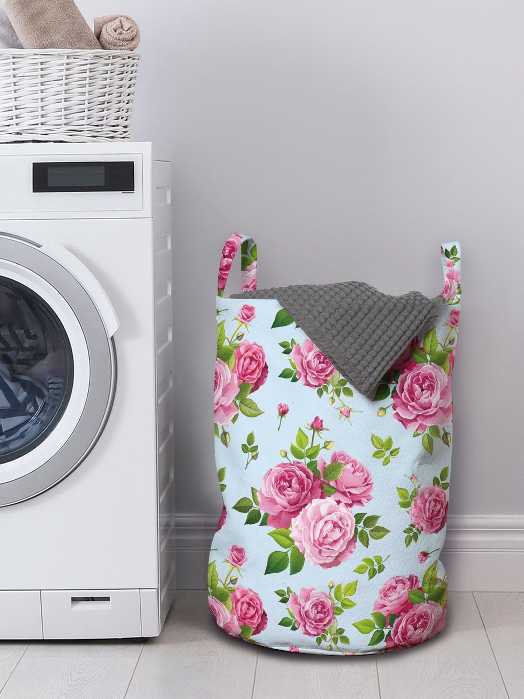 Abakuhaus Wäschesäckchen Wäschekorb mit Griffen Sommer-Rosa Kordelzugverschluss Rosen-Blumen-Blumenstrauß Waschsalons, für