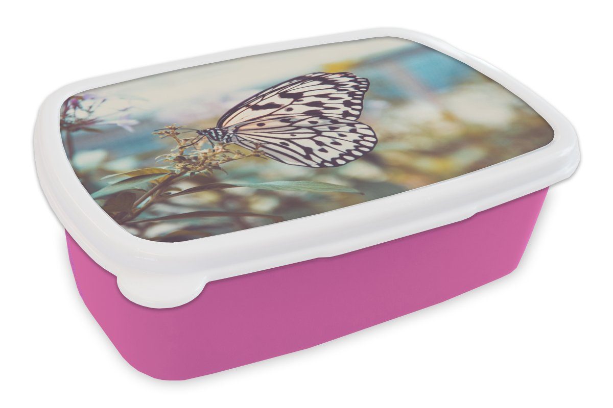 MuchoWow Lunchbox Schmetterling - Blumen - Frühling, Kunststoff, (2-tlg), Brotbox für Erwachsene, Brotdose Kinder, Snackbox, Mädchen, Kunststoff rosa