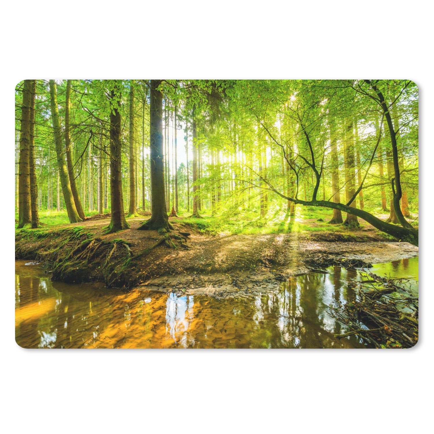 MuchoWow Mauspad Wald - Landschaft - Wasser - Bäume - Sonne - Grün - Natur (1-St), Mouse pad Klein, Gaming Deko, PC Zubehör, 27x18 cm