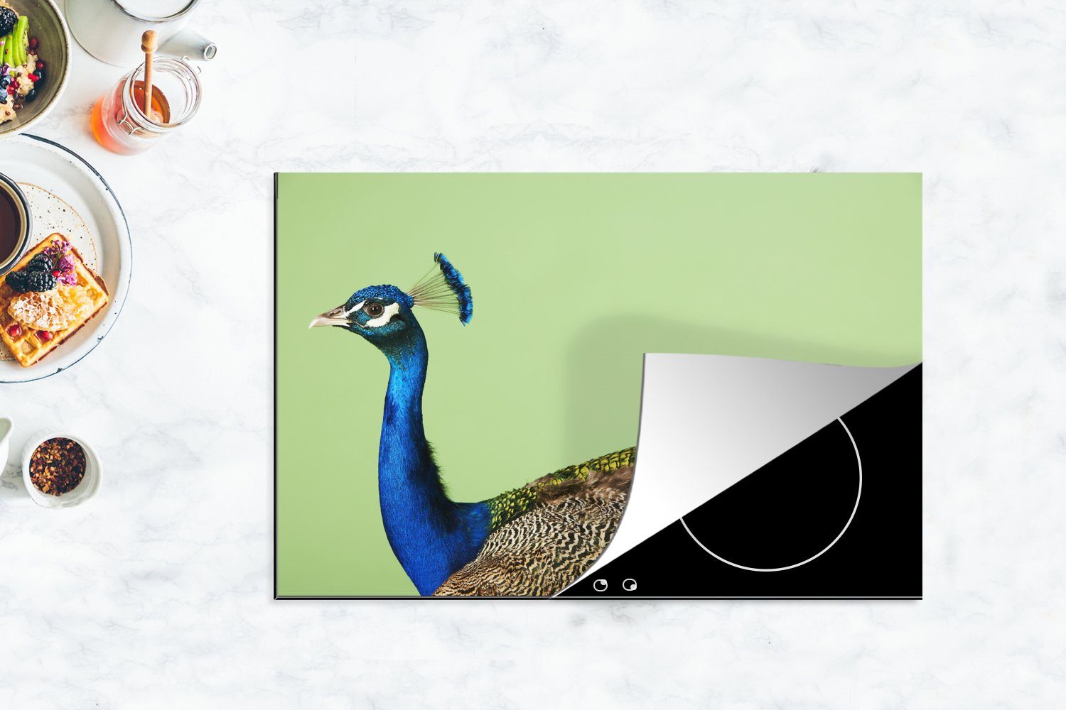 Schutz die 81x52 (1 - Pfau MuchoWow - für Herdblende-/Abdeckplatte Ceranfeldabdeckung küche, tlg), Vinyl, Federn, Induktionskochfeld Vogel cm,